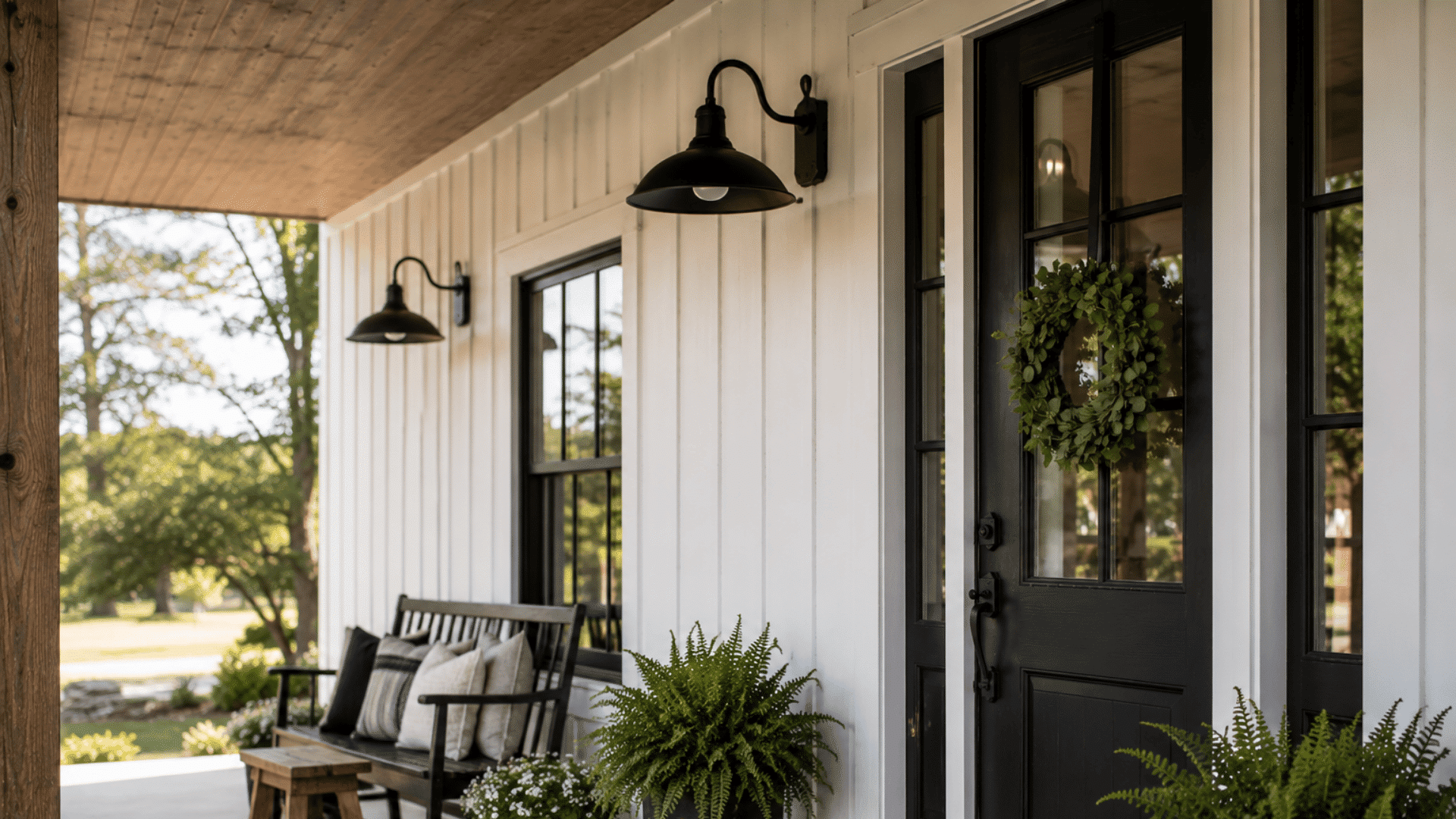 modern farmhouse porch with black light fixtures cozy bench seating and fresh green fern plants