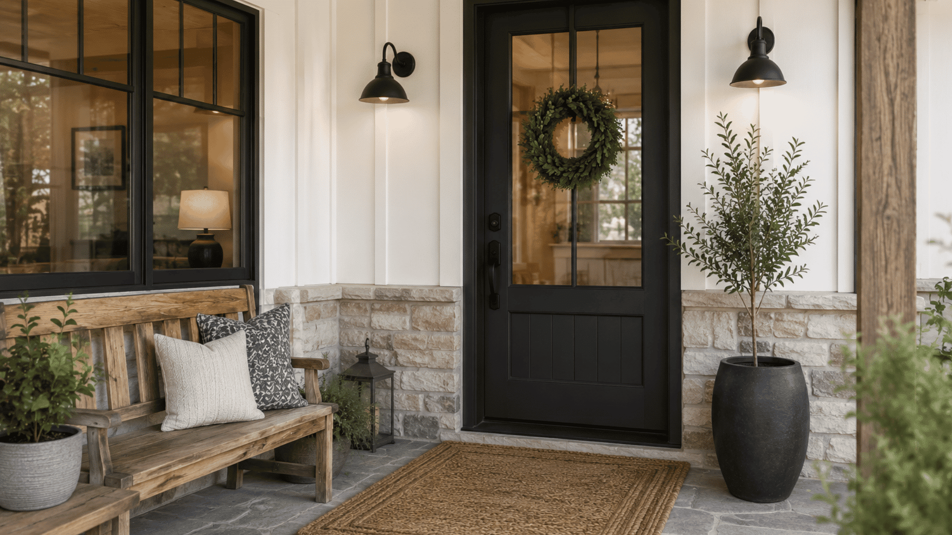 modern farmhouse porch with rustic wooden bench black accents stone texture and warm cozy lighting