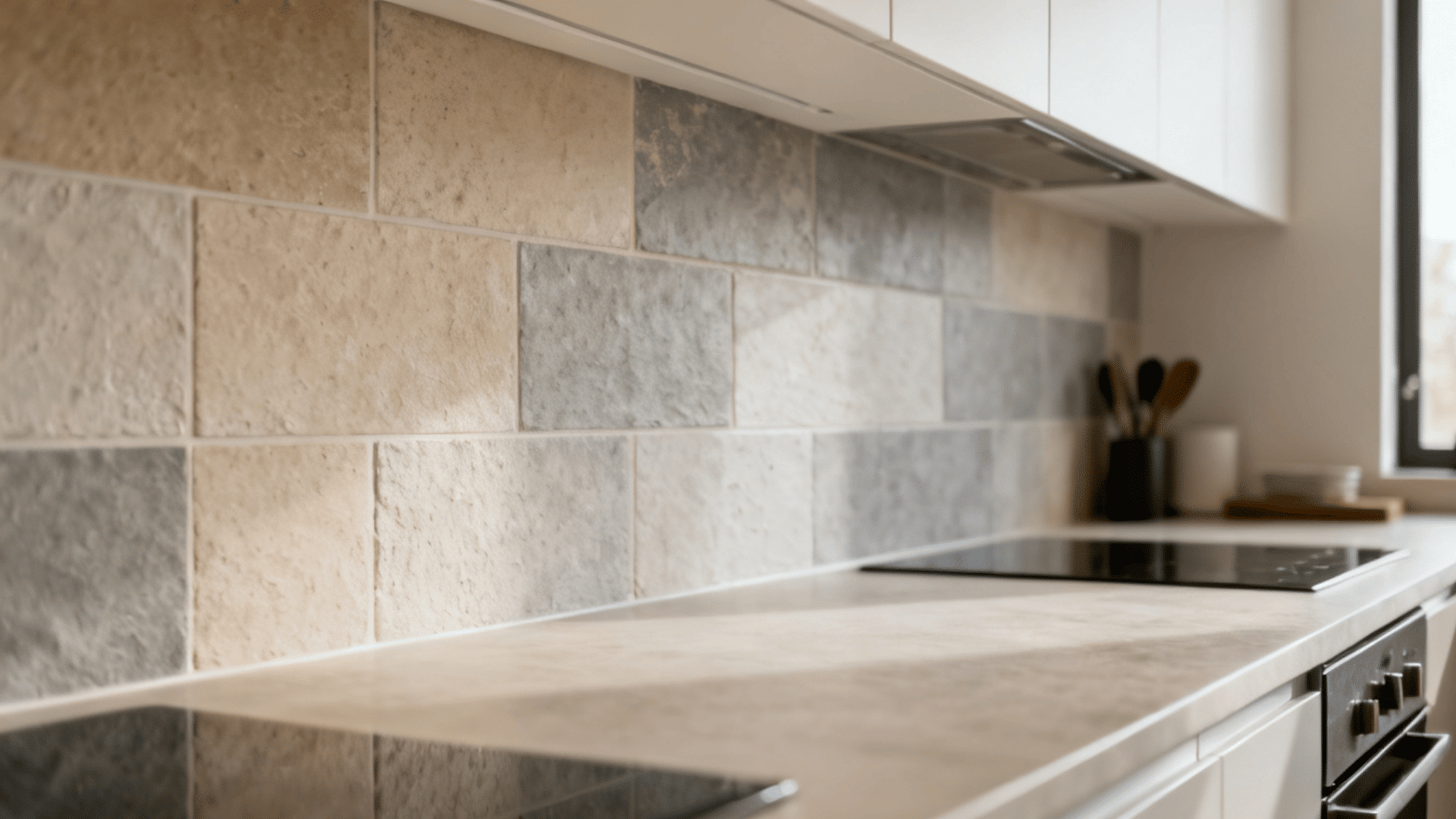 modern kitchen backsplash with textured tiles neutral colors and clean cooking space details