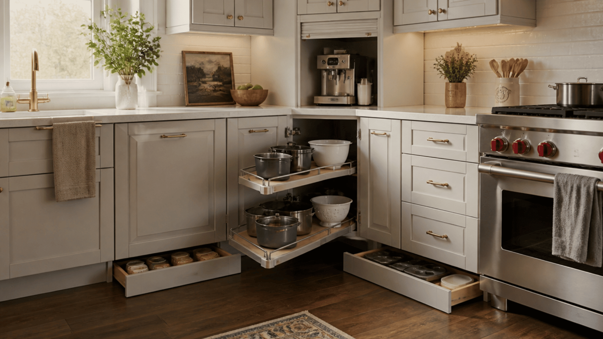 modern kitchen with hidden storage solutions including toe kick drawers corner systems and appliance storage