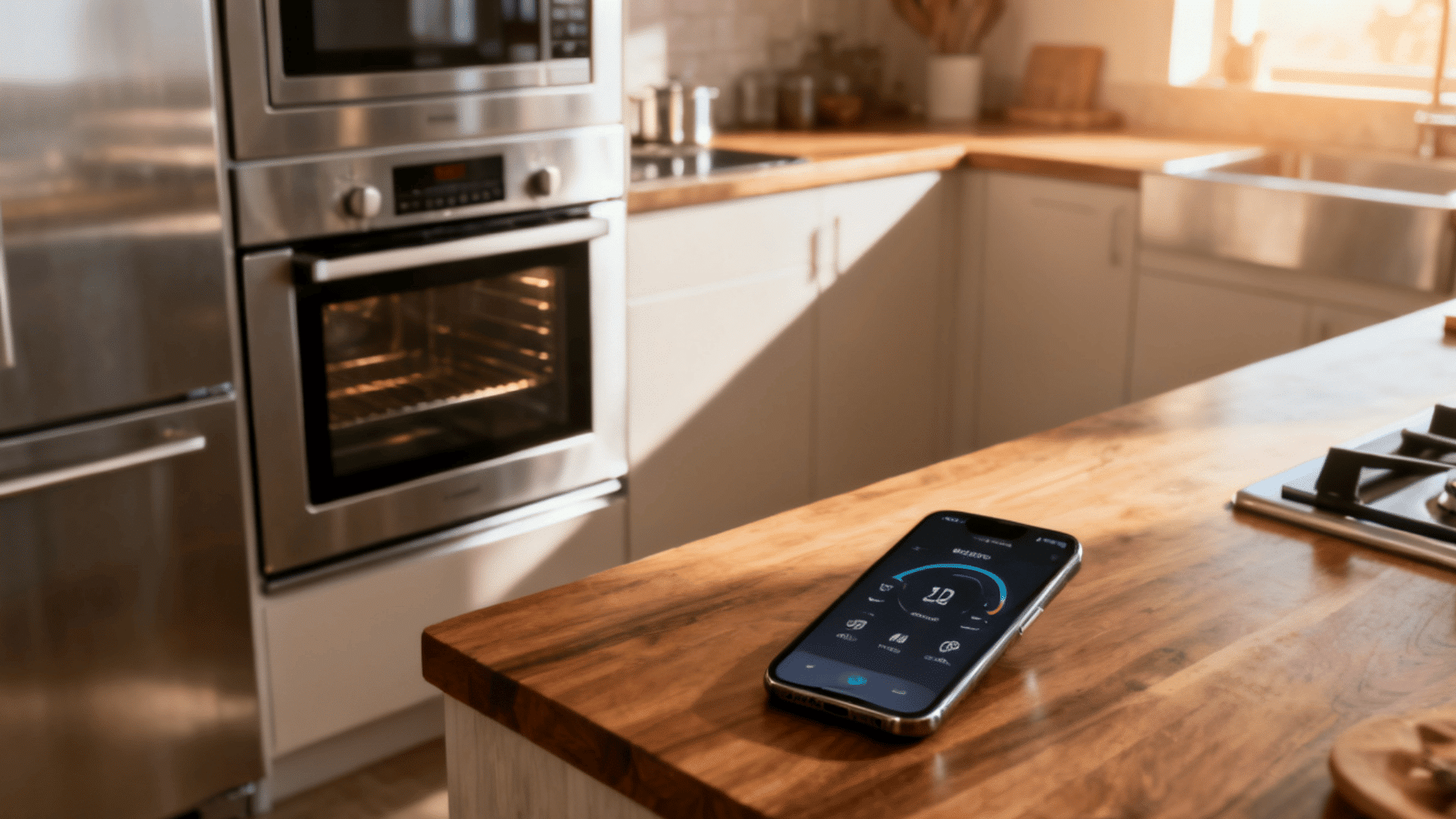 modern kitchen with smart appliances homeowner using phone controls during everyday cooking tasks
