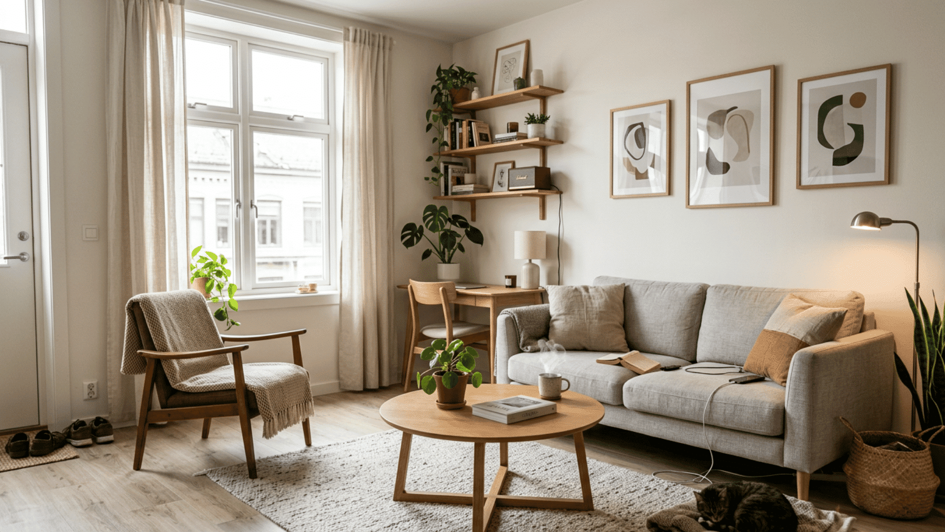 modern living room with neutral decor cozy seating indoor plants and soft natural daylight ambiance