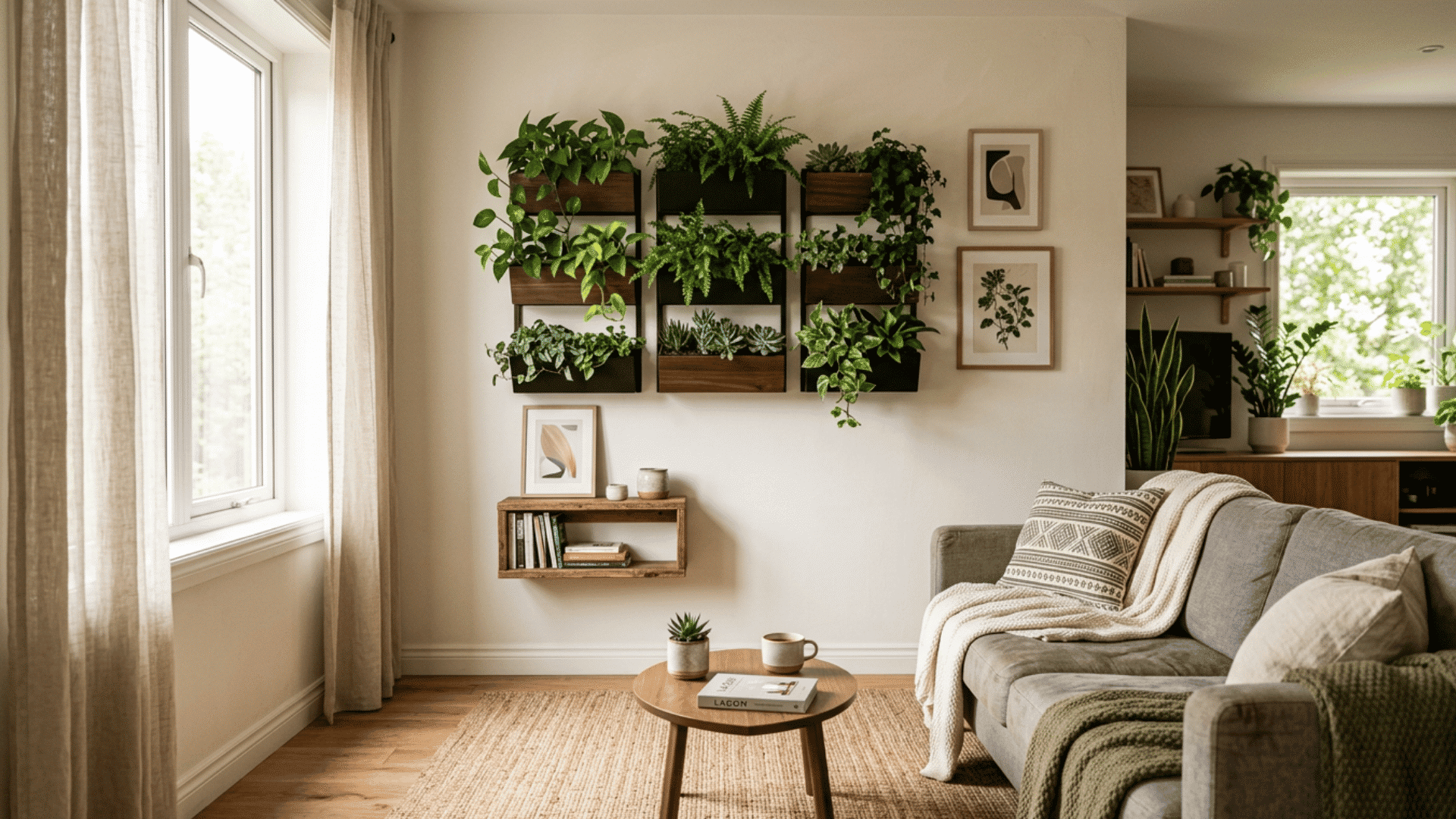 modern living room with vertical garden wall neutral sofa wooden accents and soft natural light