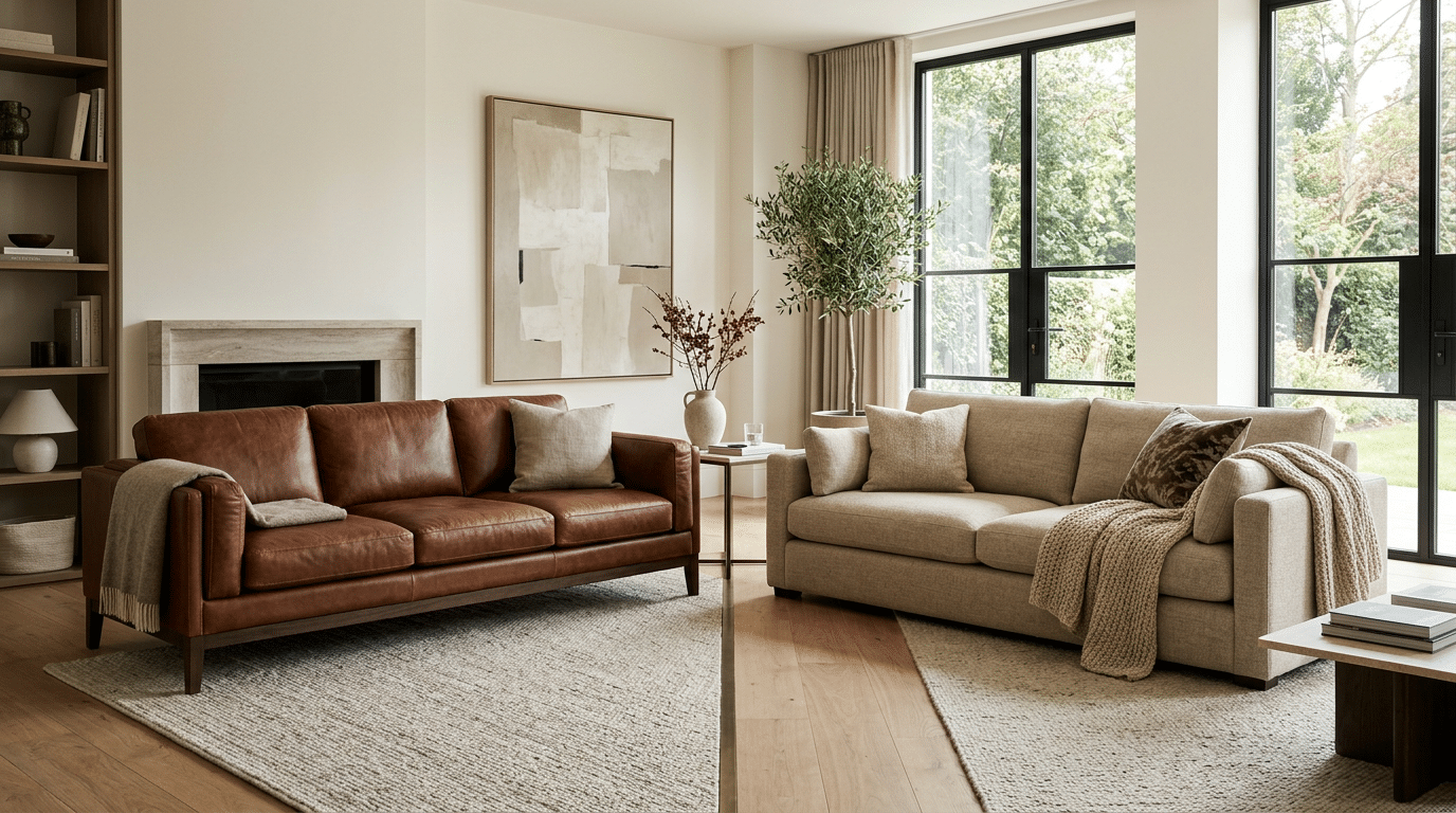 Modern minimalist and cozy rustic living rooms compared side by side with contrasting sofas, decor styles, and ambiance.