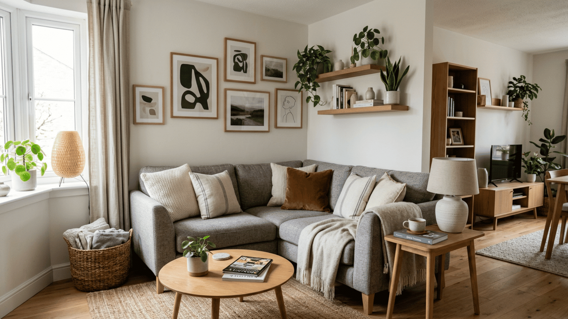 modern neutral living room with gray sectional indoor plants wooden accents and cozy minimalist decor