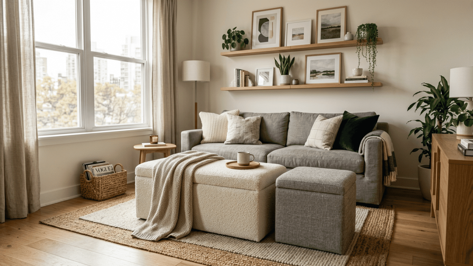 modern neutral living room with gray sofa layered textures and bright natural window light