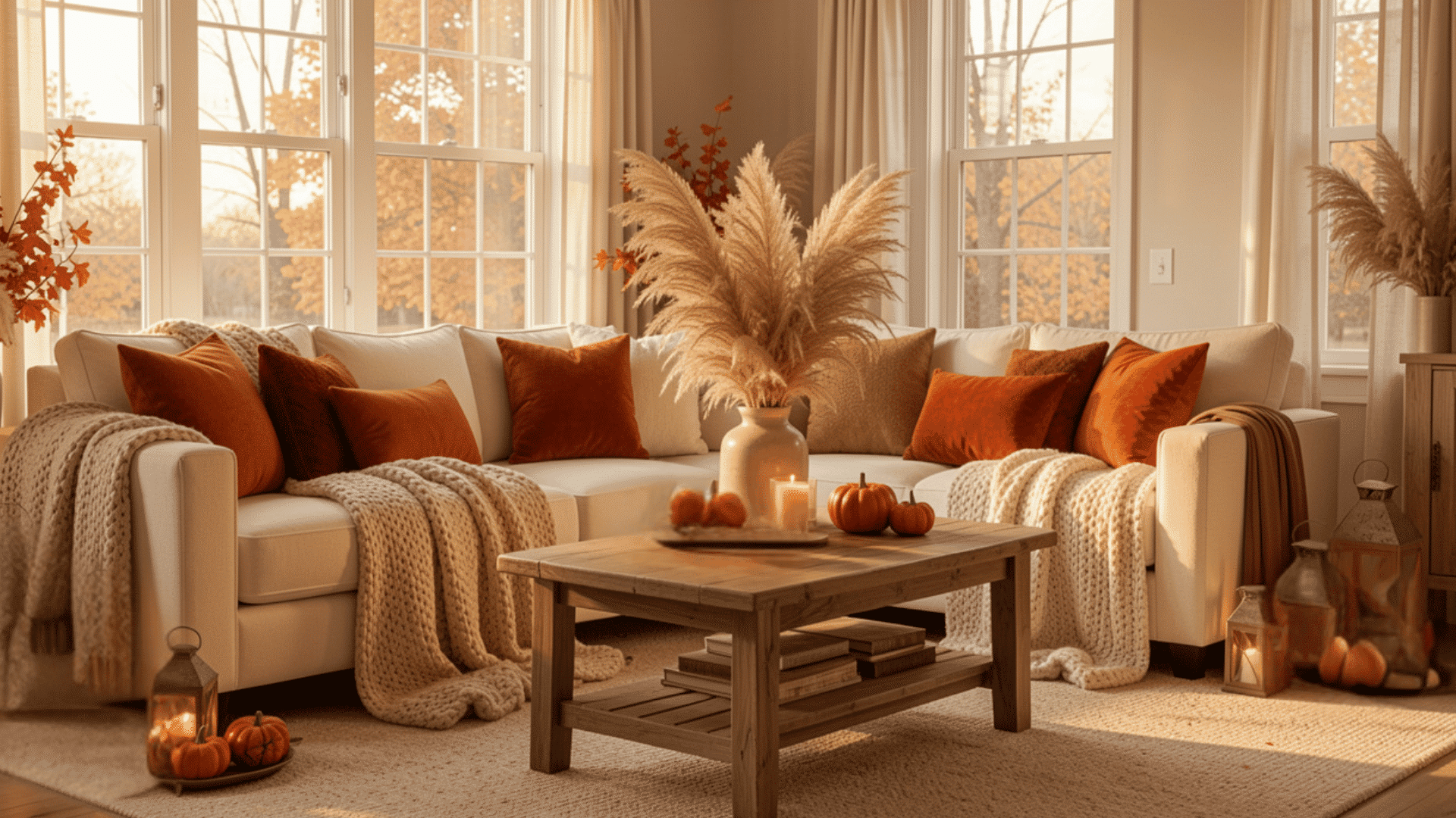 must try living room fall decor trends this season with cream sofa orange pillows pumpkins and candle lanterns sunny windows
