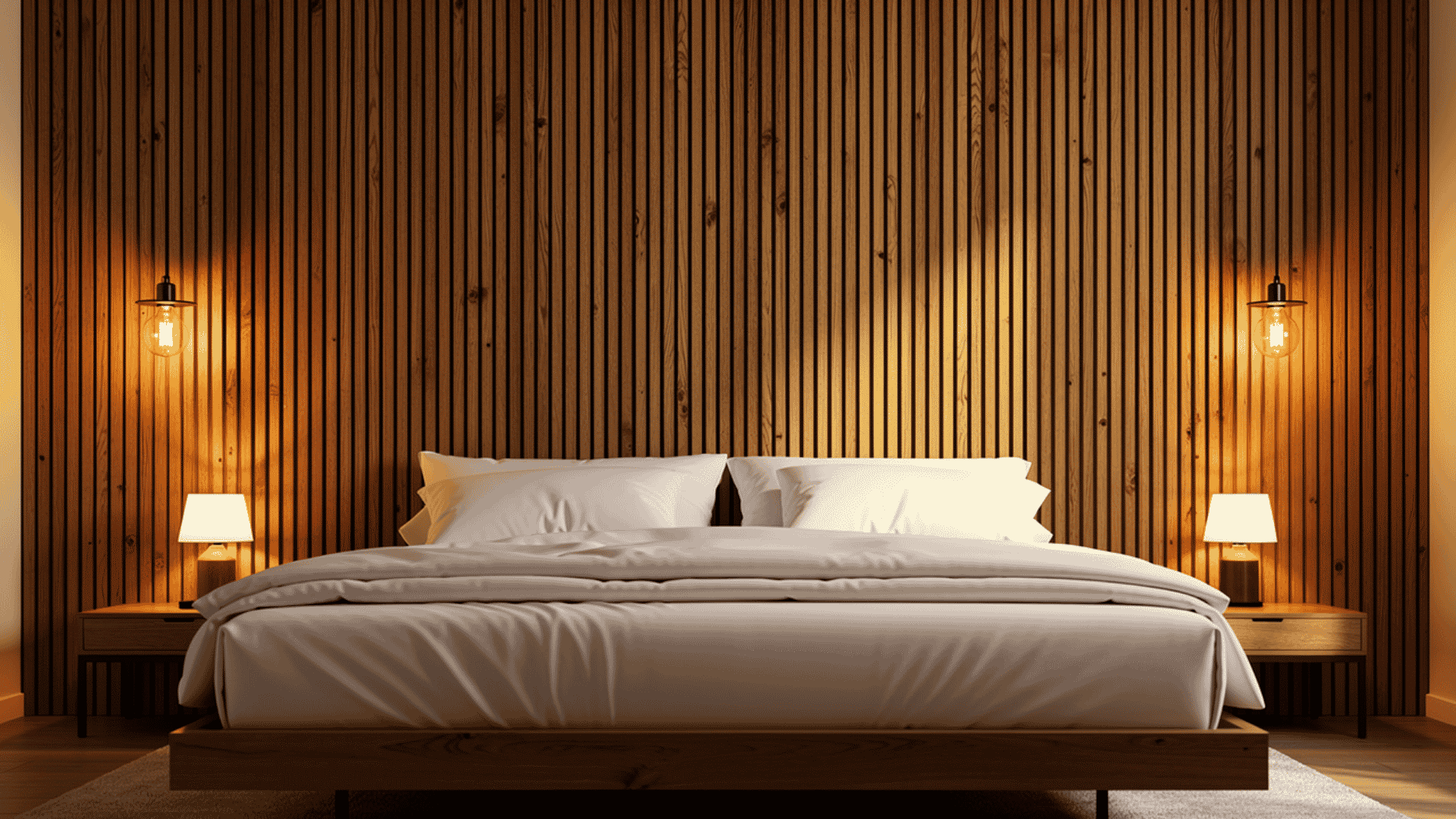 natural wood slat geometric wall in a bedroom