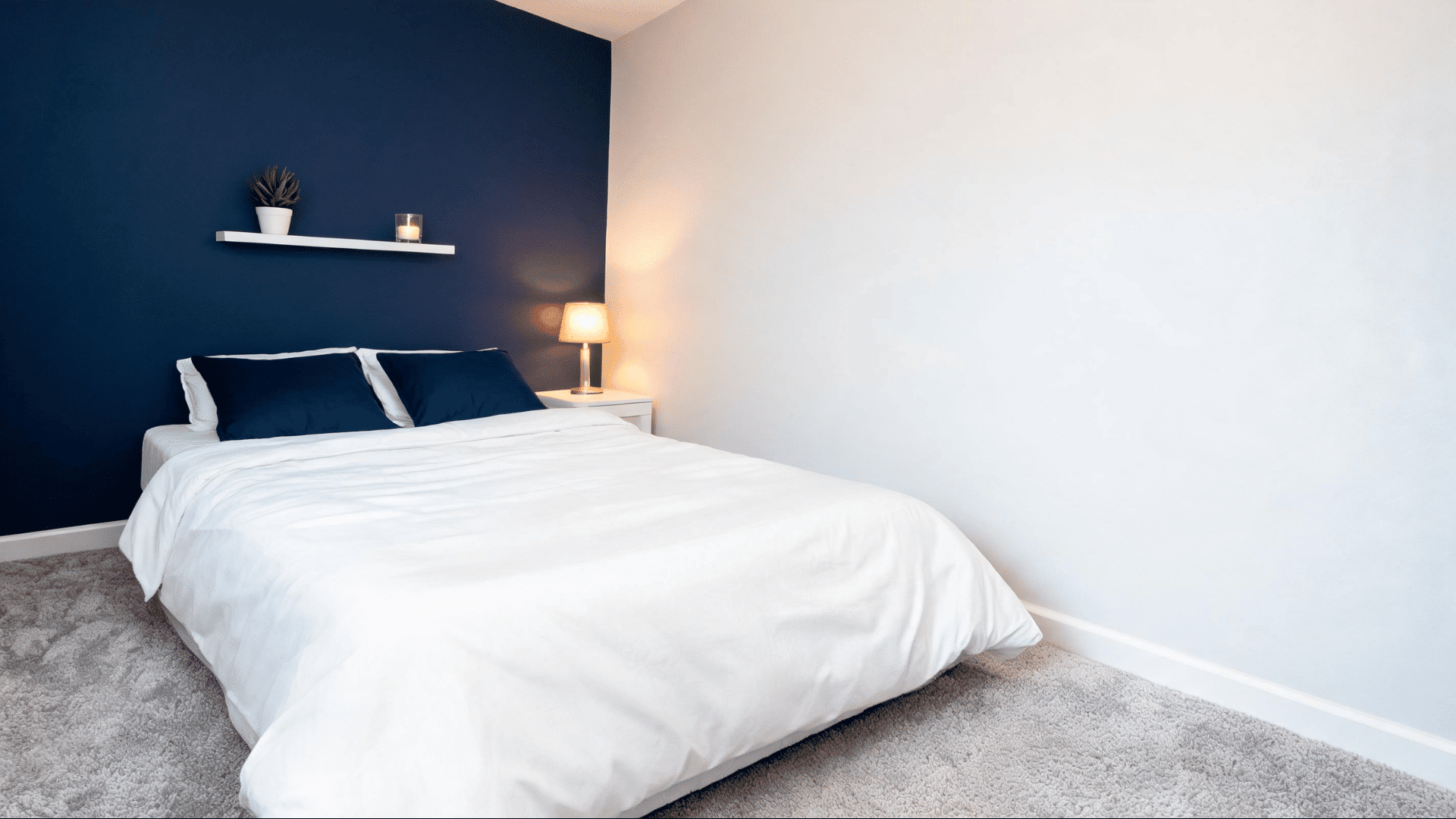 navy blue painted accent wall behind a bed with white bedding and warm bedside lamp light
