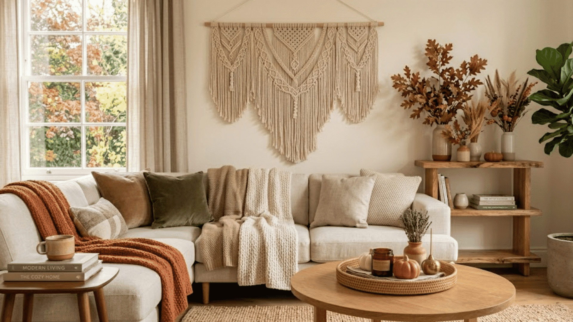 neutral boho living room with macrame wall art cozy blankets and soft autumn decor accents