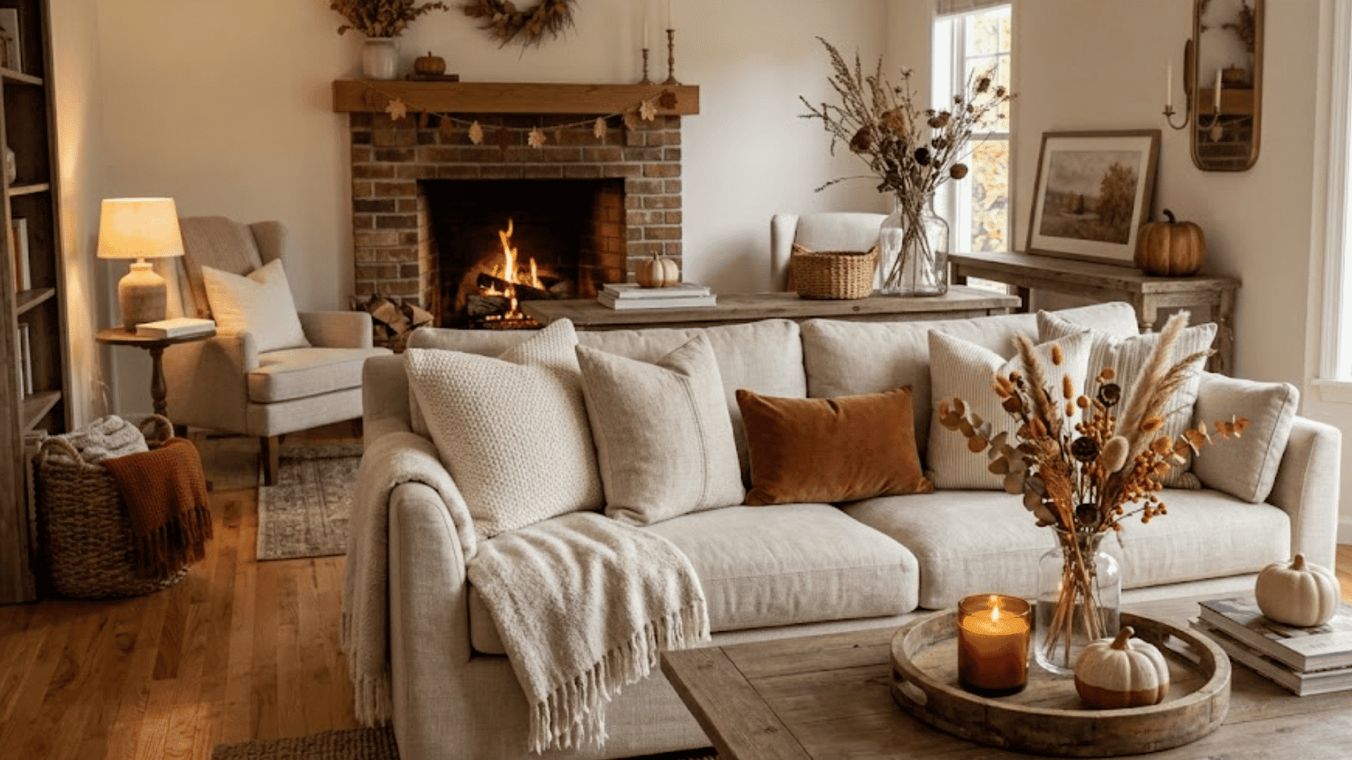 neutral fall living room with cozy fireplace soft blankets pumpkins and rustic autumn decor accents