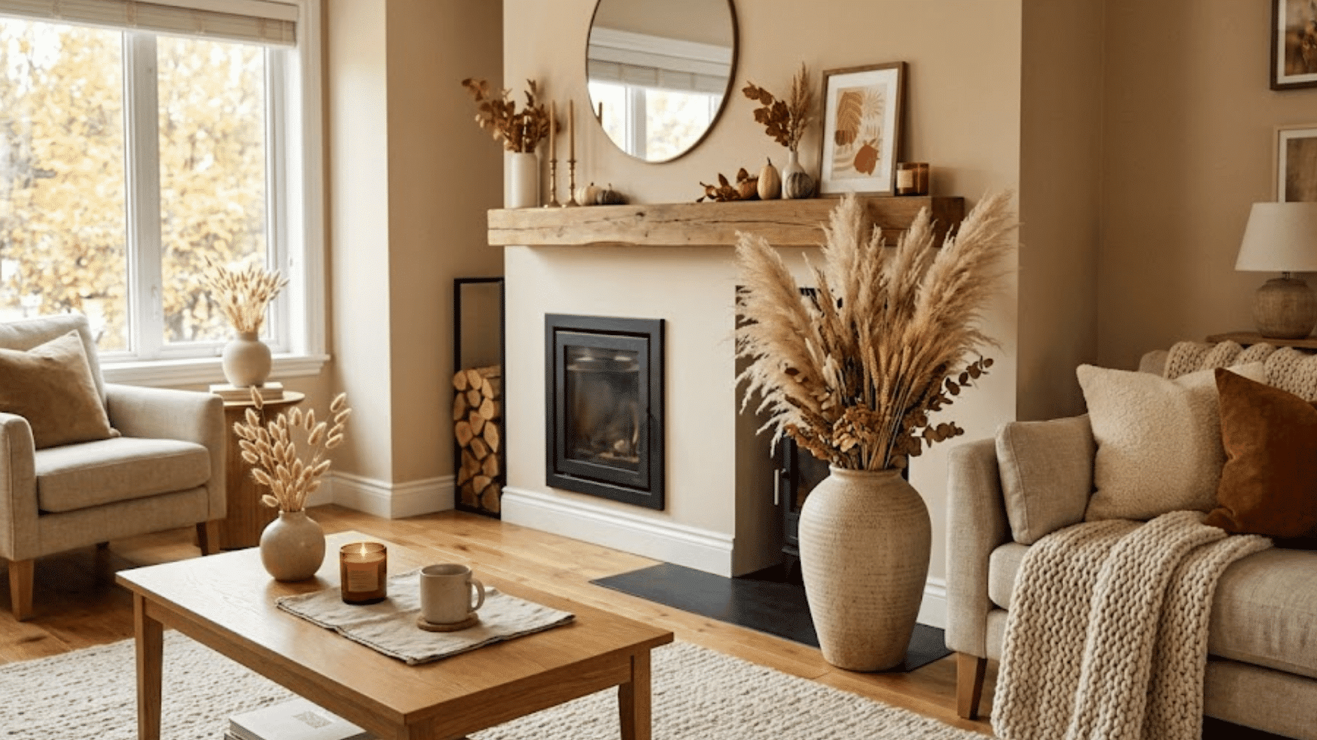 neutral fall living room with pampas grass cozy blankets fireplace and warm earthy decor accents