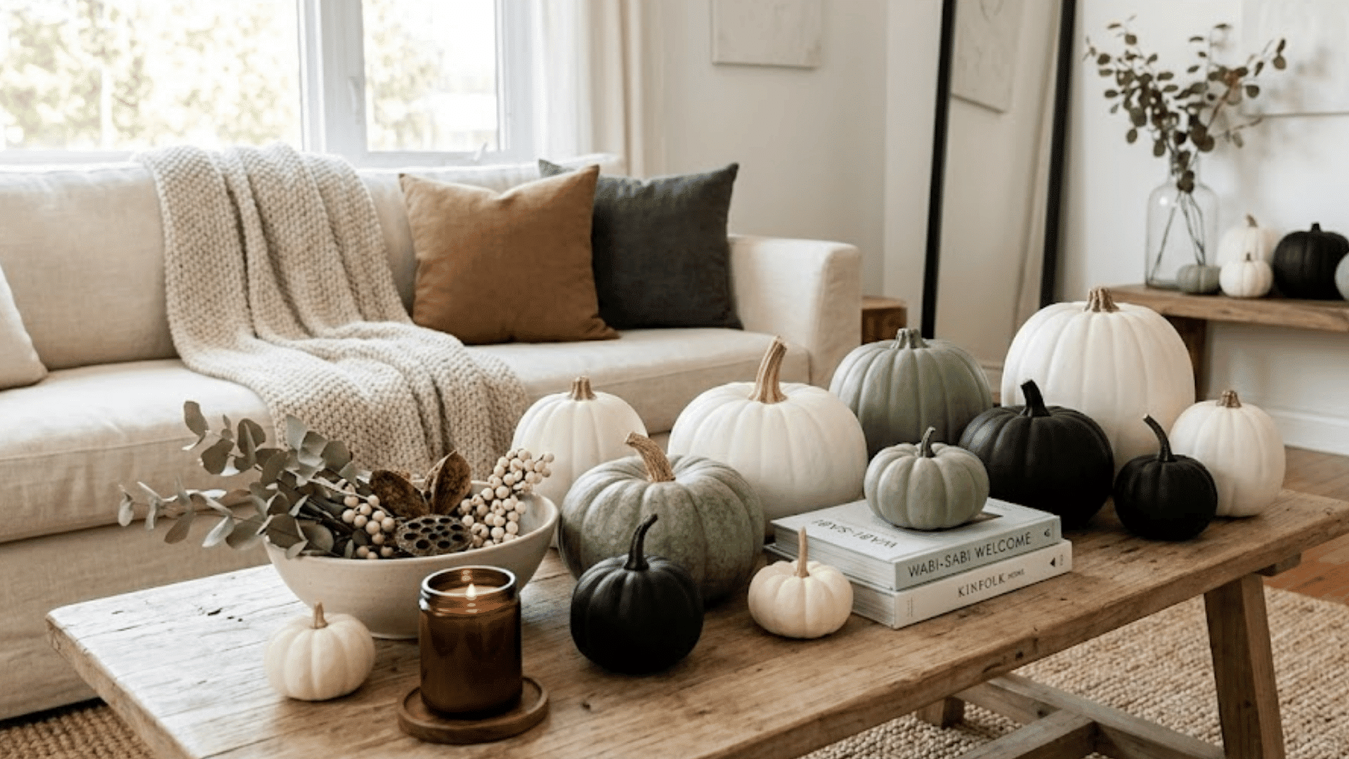 neutral living room with pastel pumpkins cozy sofa soft blanket and rustic wooden coffee table decor