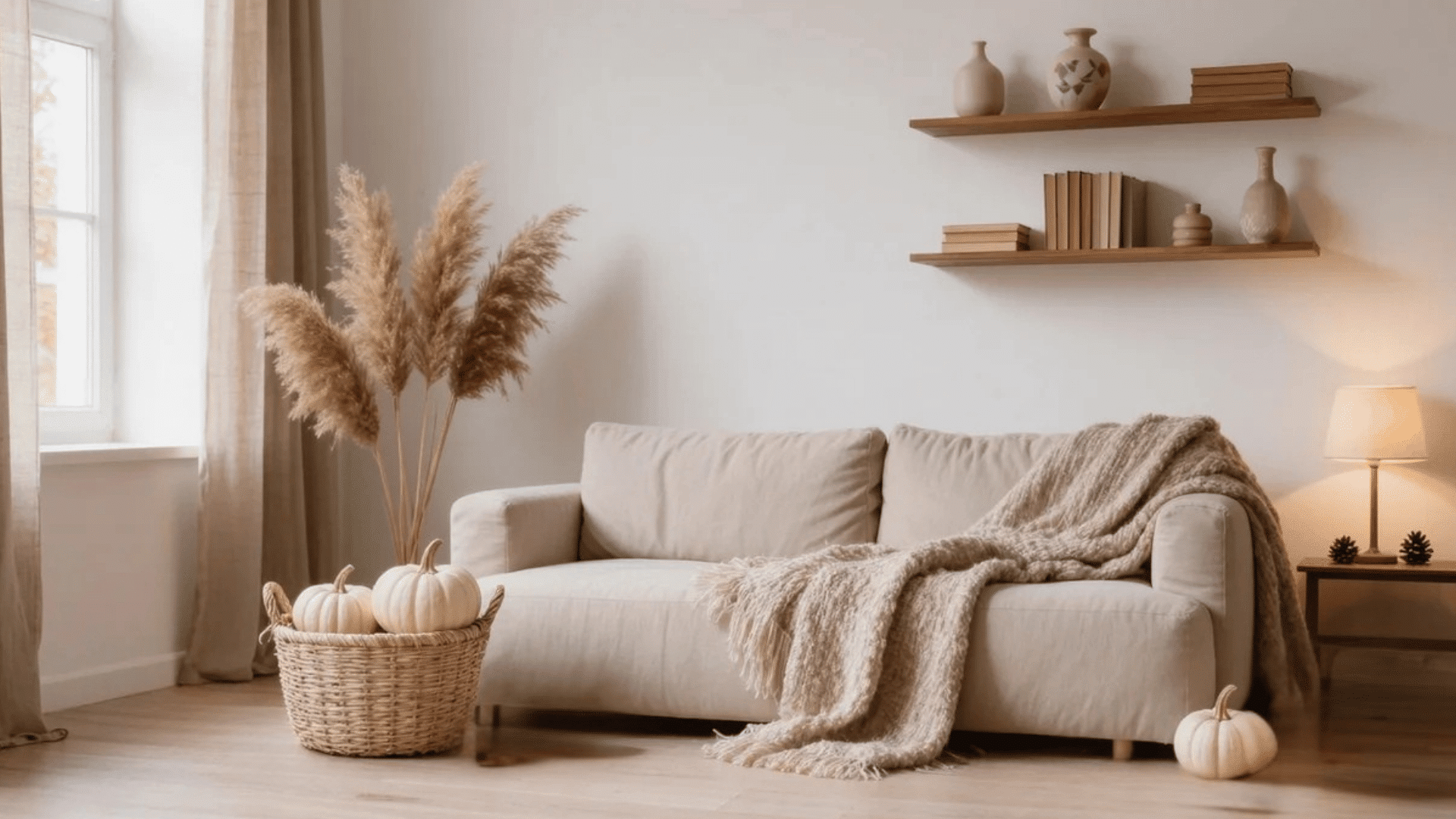 neutral living room with white pumpkins soft blanket pampas grass and cozy fall home decor accents