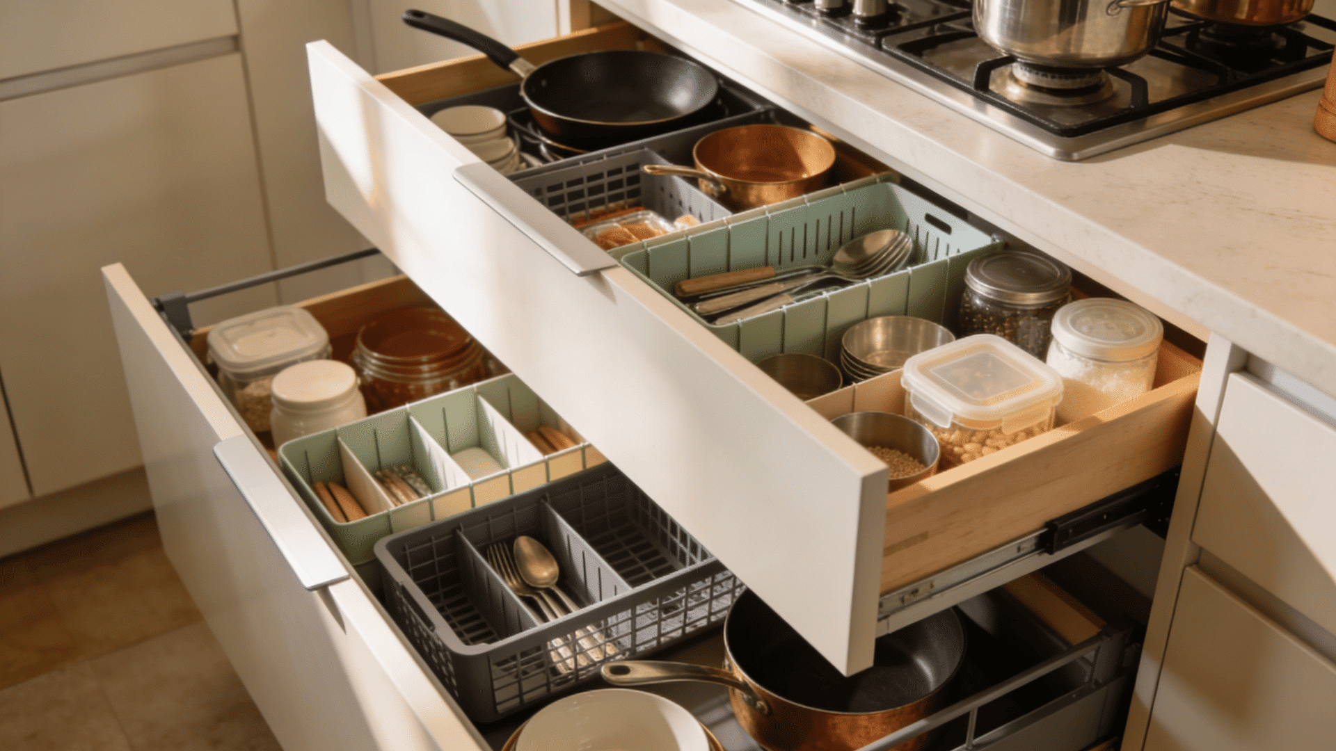 organized kitchen storage with pull out drawers pantry organizers and neatly arranged cookware and containers