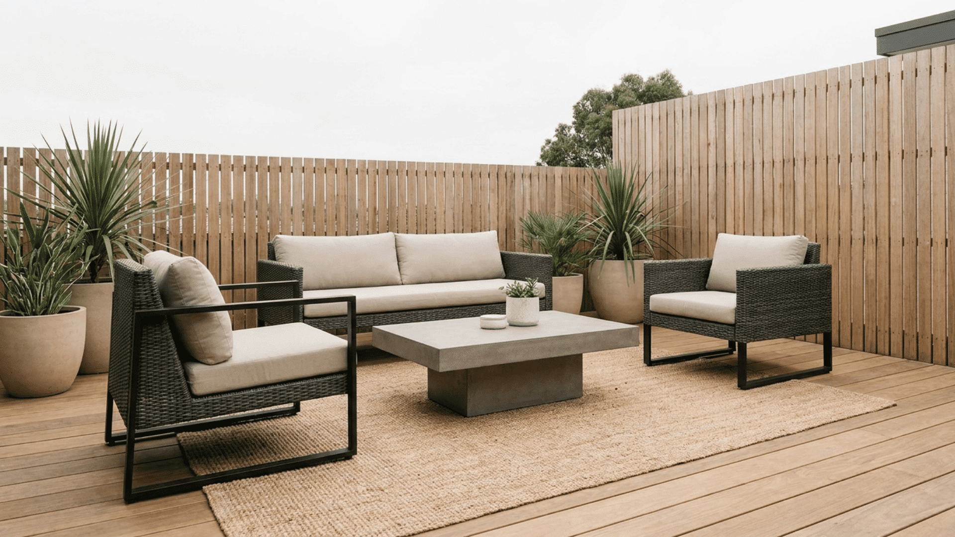 outdoor deck lounge with wicker chairs sofa concrete table potted palms and tall wood privacy fence