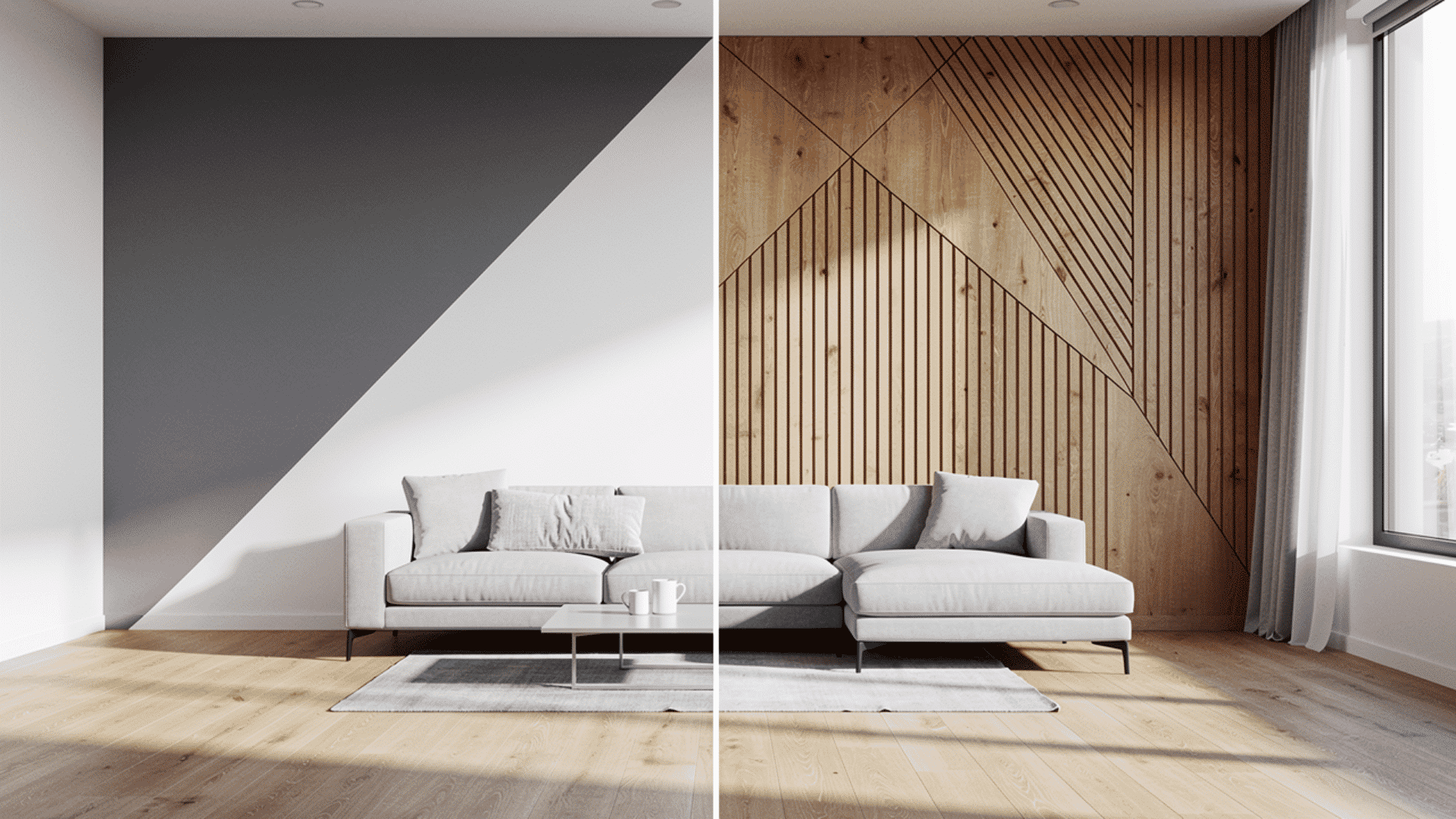 painted geometric wall next to a wood slat accent wall