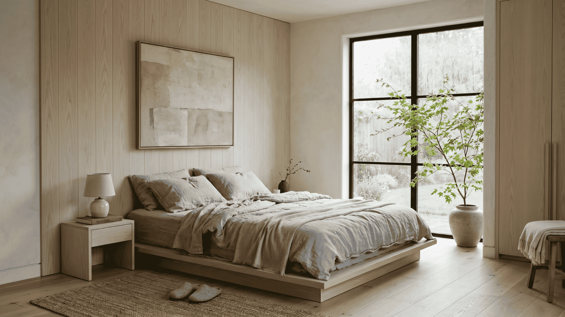 pale ash japandi wood wall in a minimal bedroom