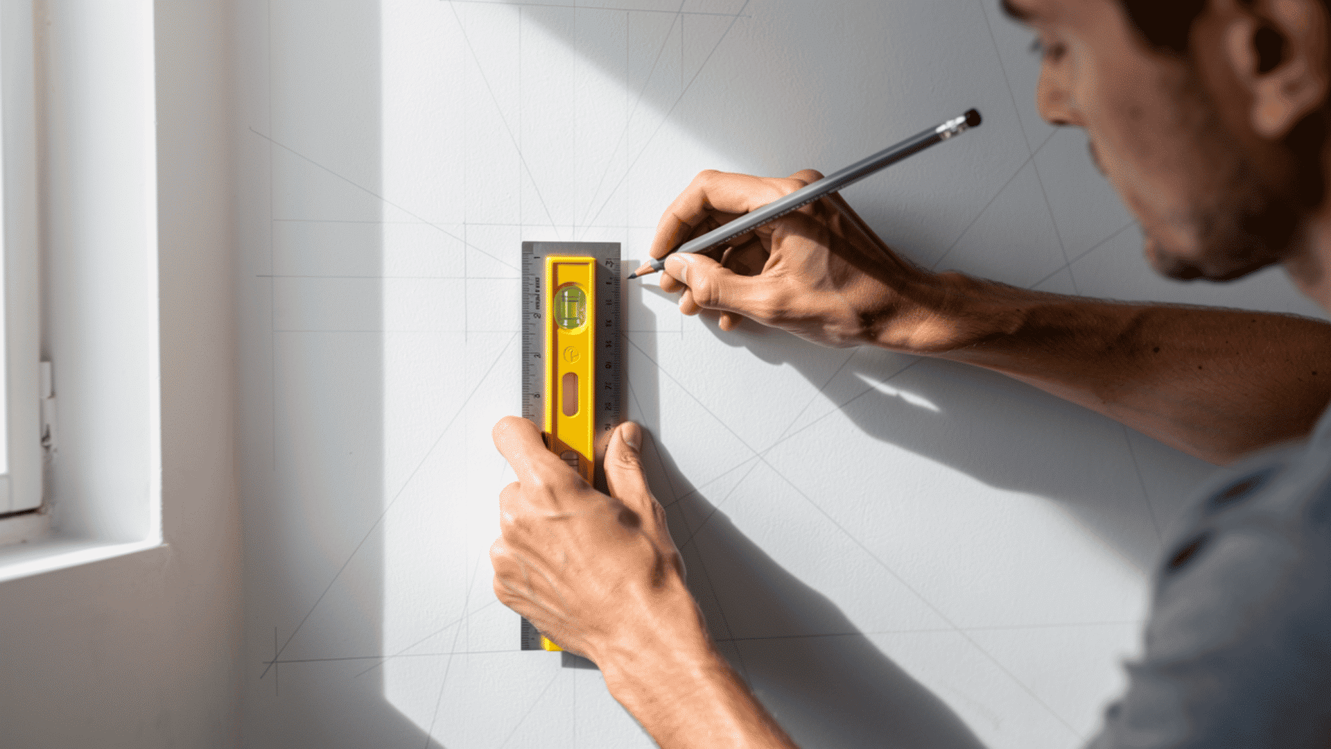 person marking geometric pattern on a wall with pencil and ruler