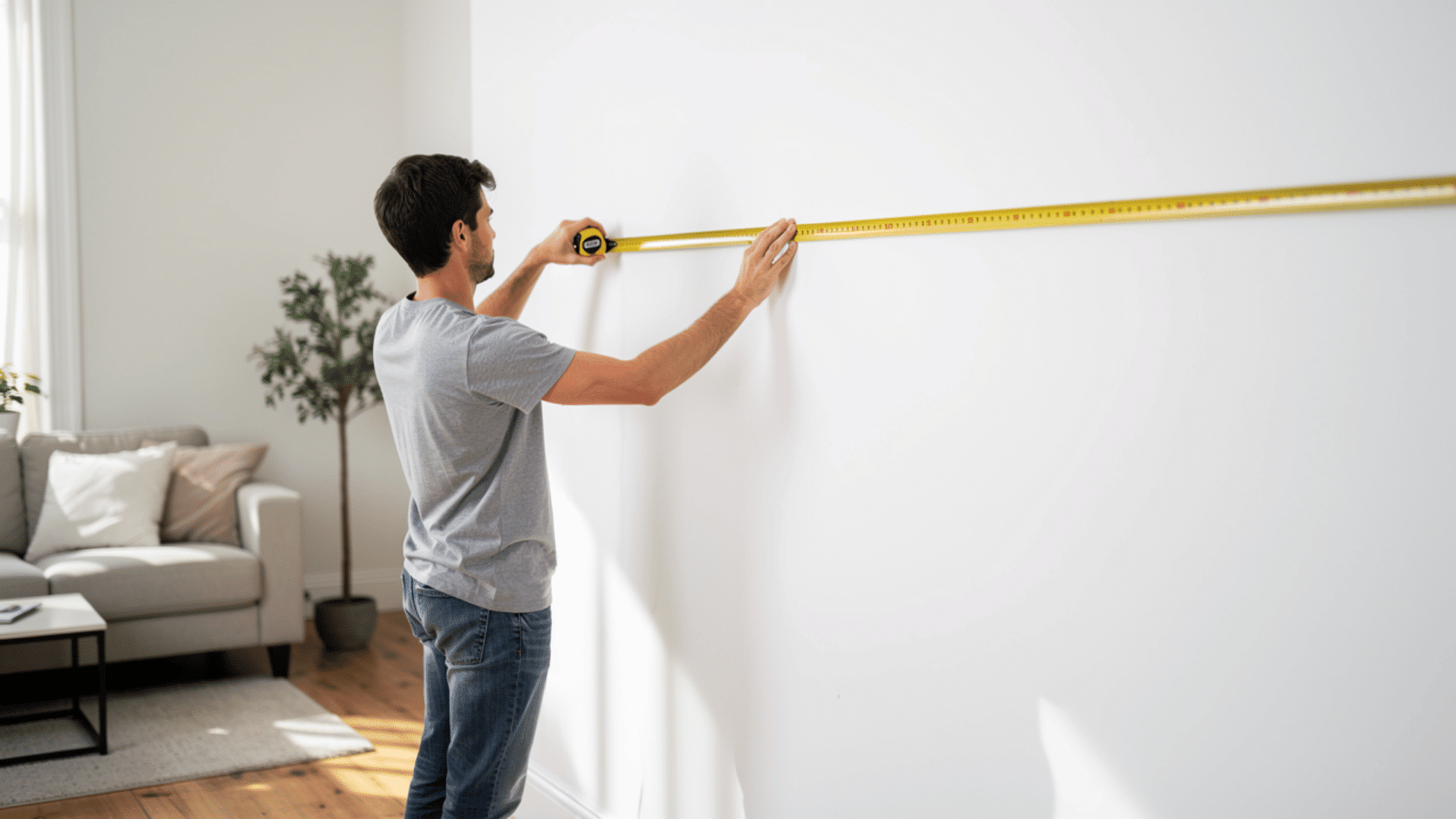 person measuring a wall before painting