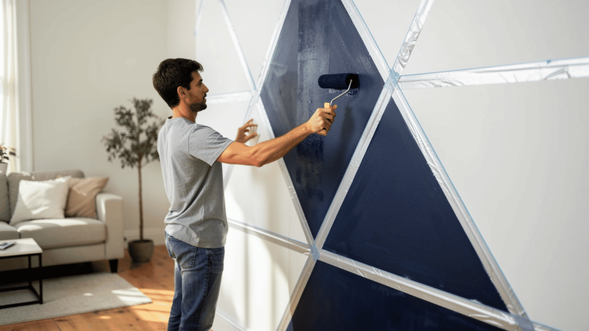 person painting geometric triangles on a wall with a roller