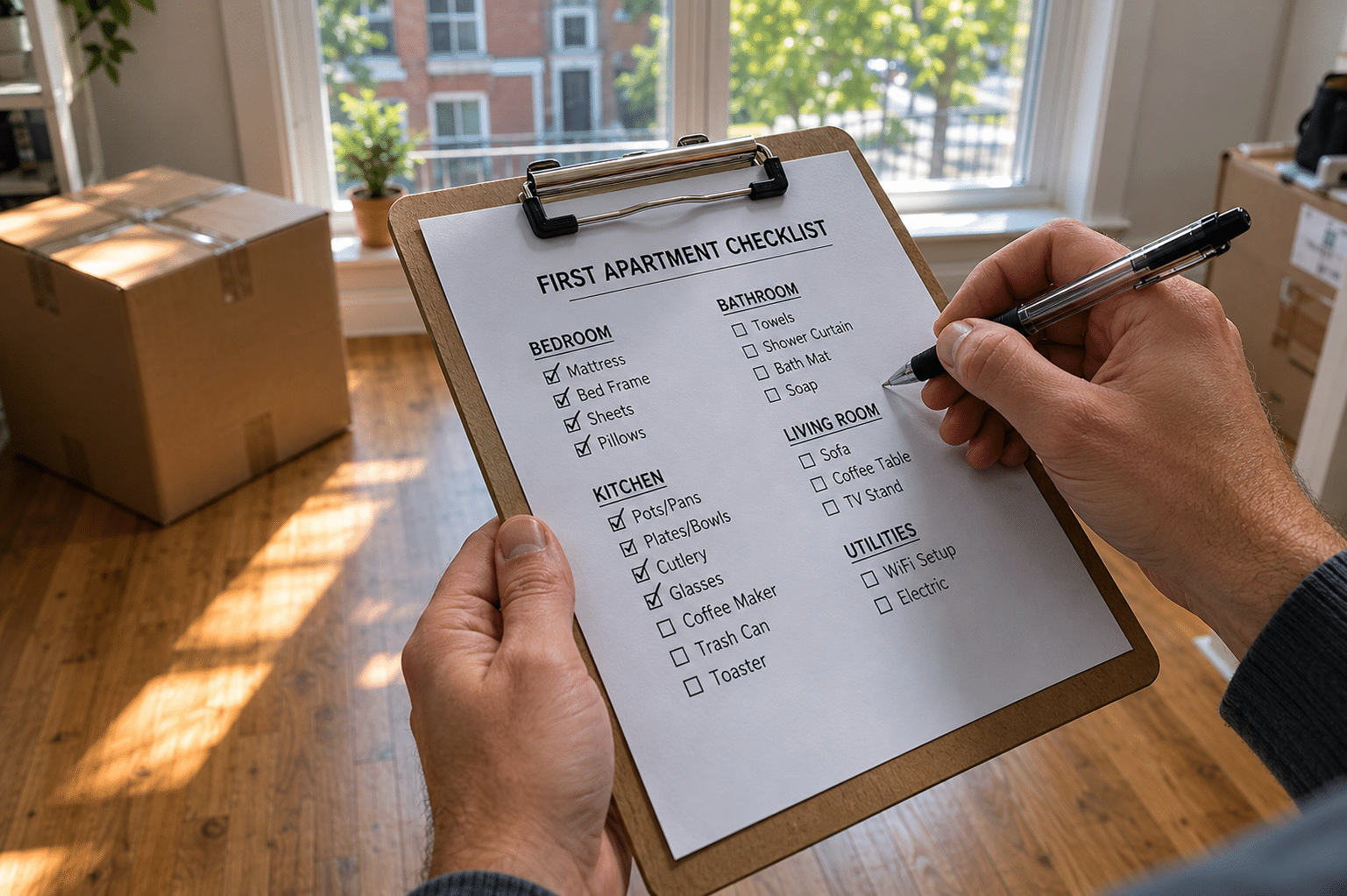 person signing apartment move in form at office desk with keys and coffee cup