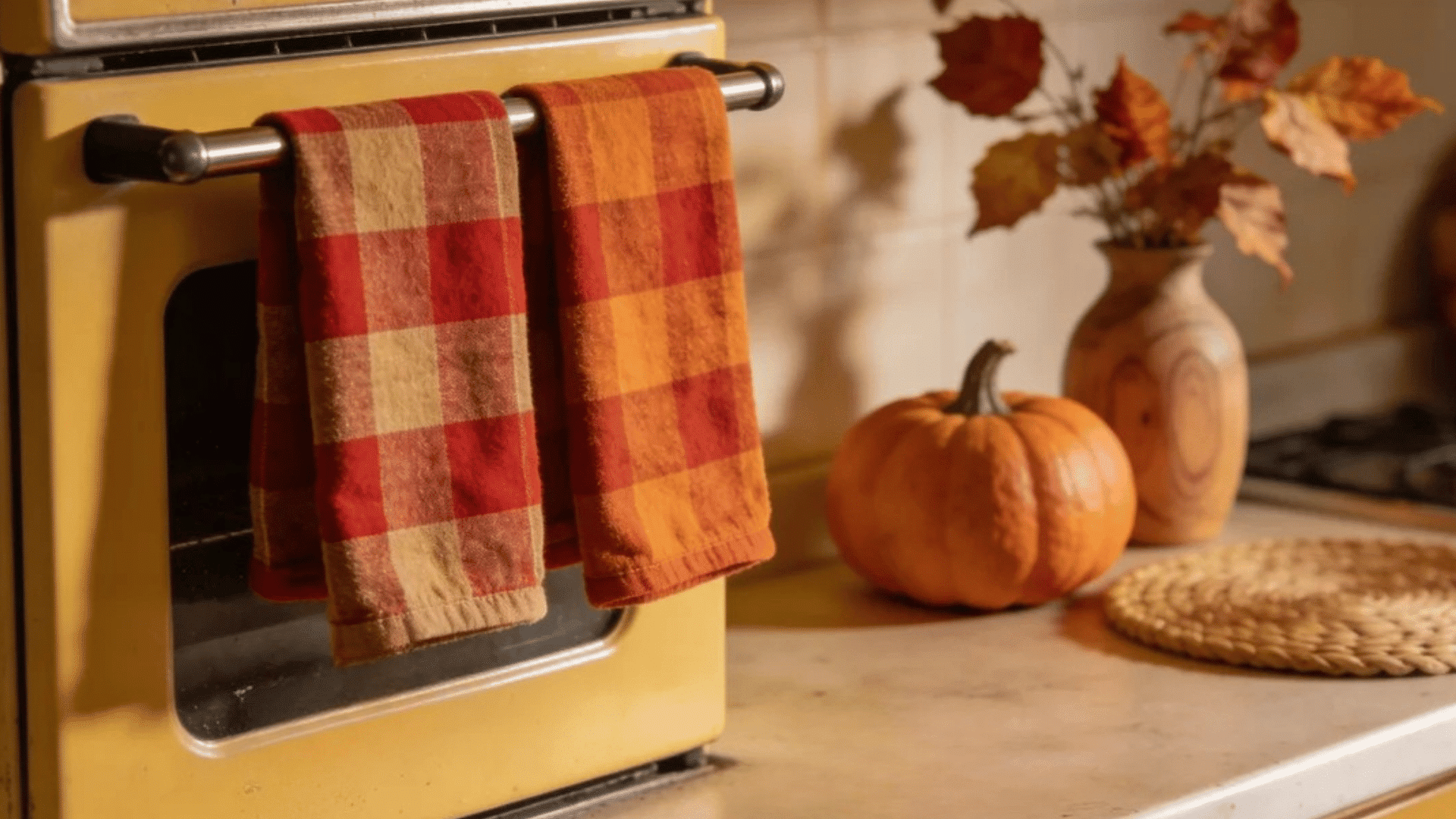 plaid kitchen towels hanging on vintage oven beside pumpkin and autumn leaves in cozy kitchen