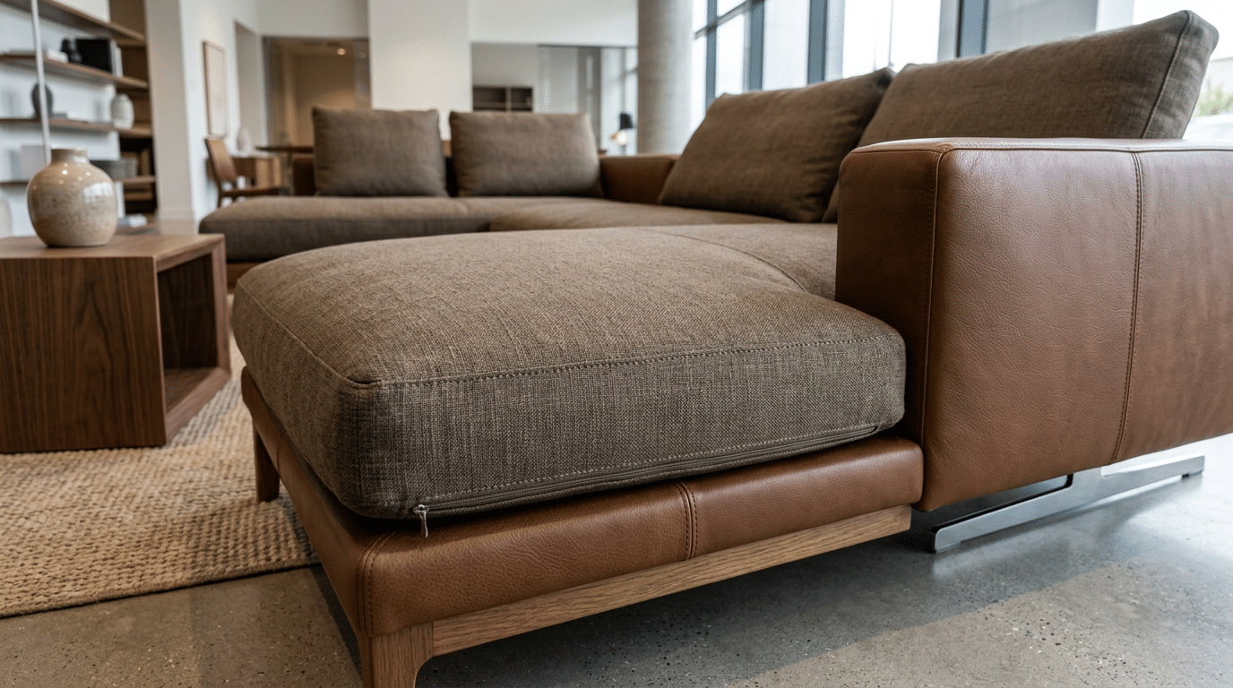 Premium leather sofa displayed in a modern luxury showroom