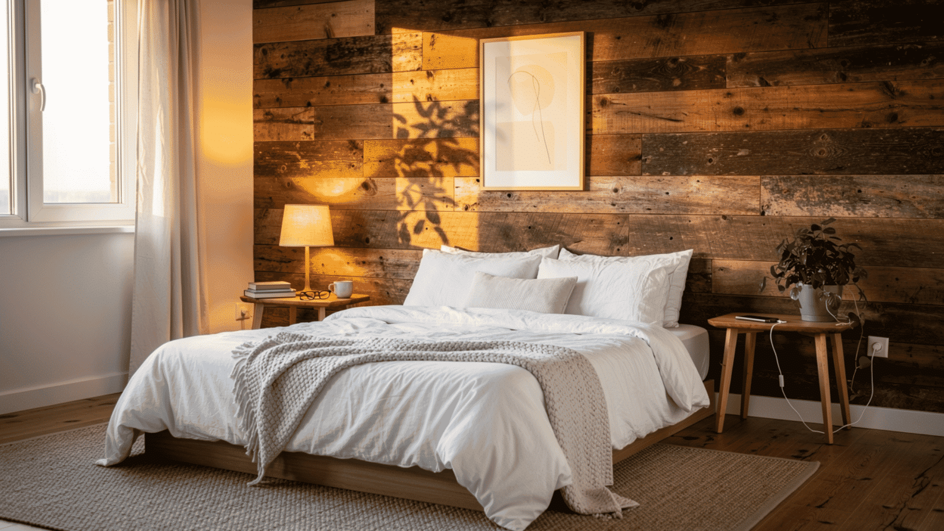 reclaimed wood accent wall with varied grain behind a bed with white bedding