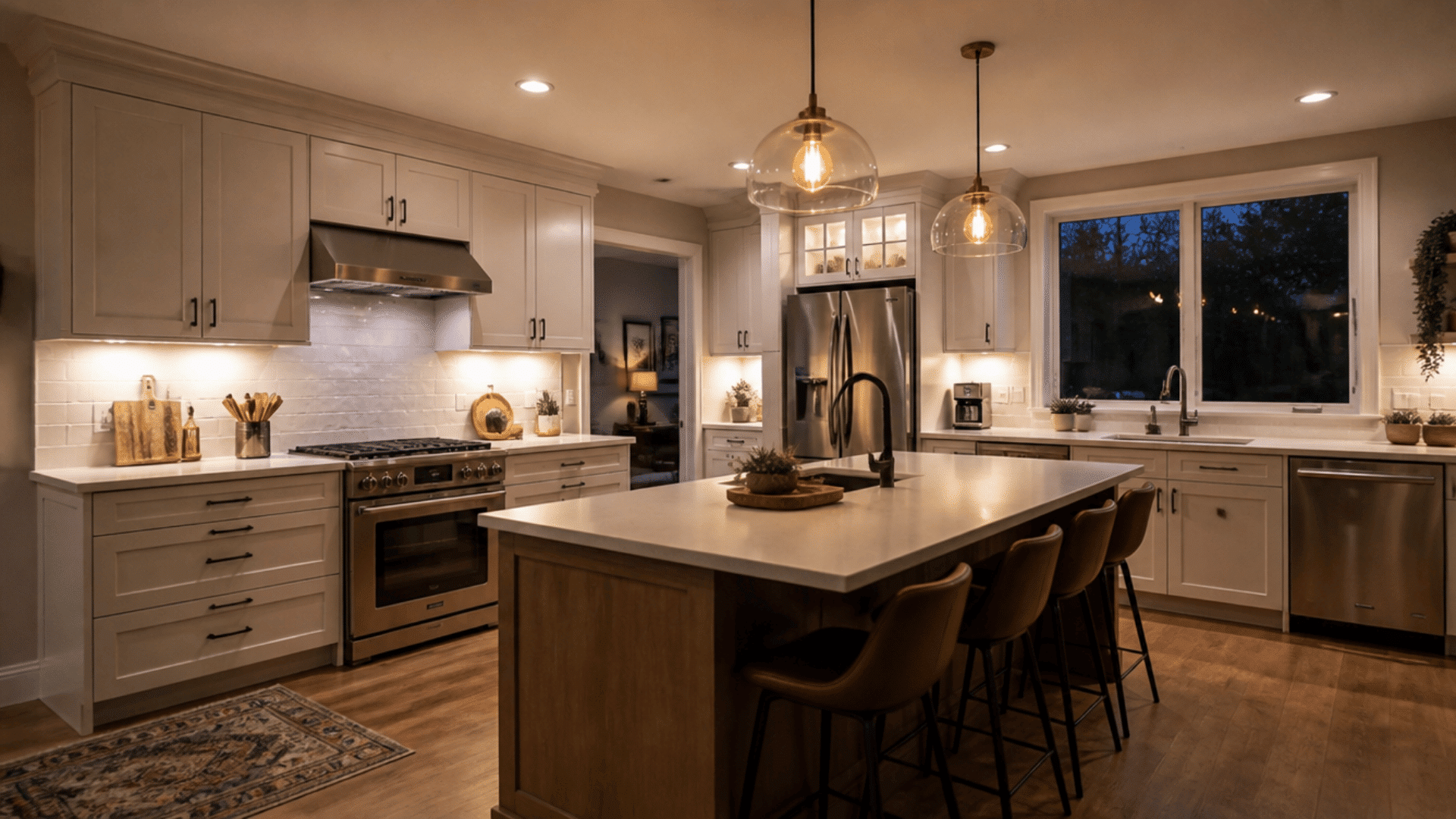 renovated kitchen with layered lighting pendant lights under cabinet lighting and bright prep areas
