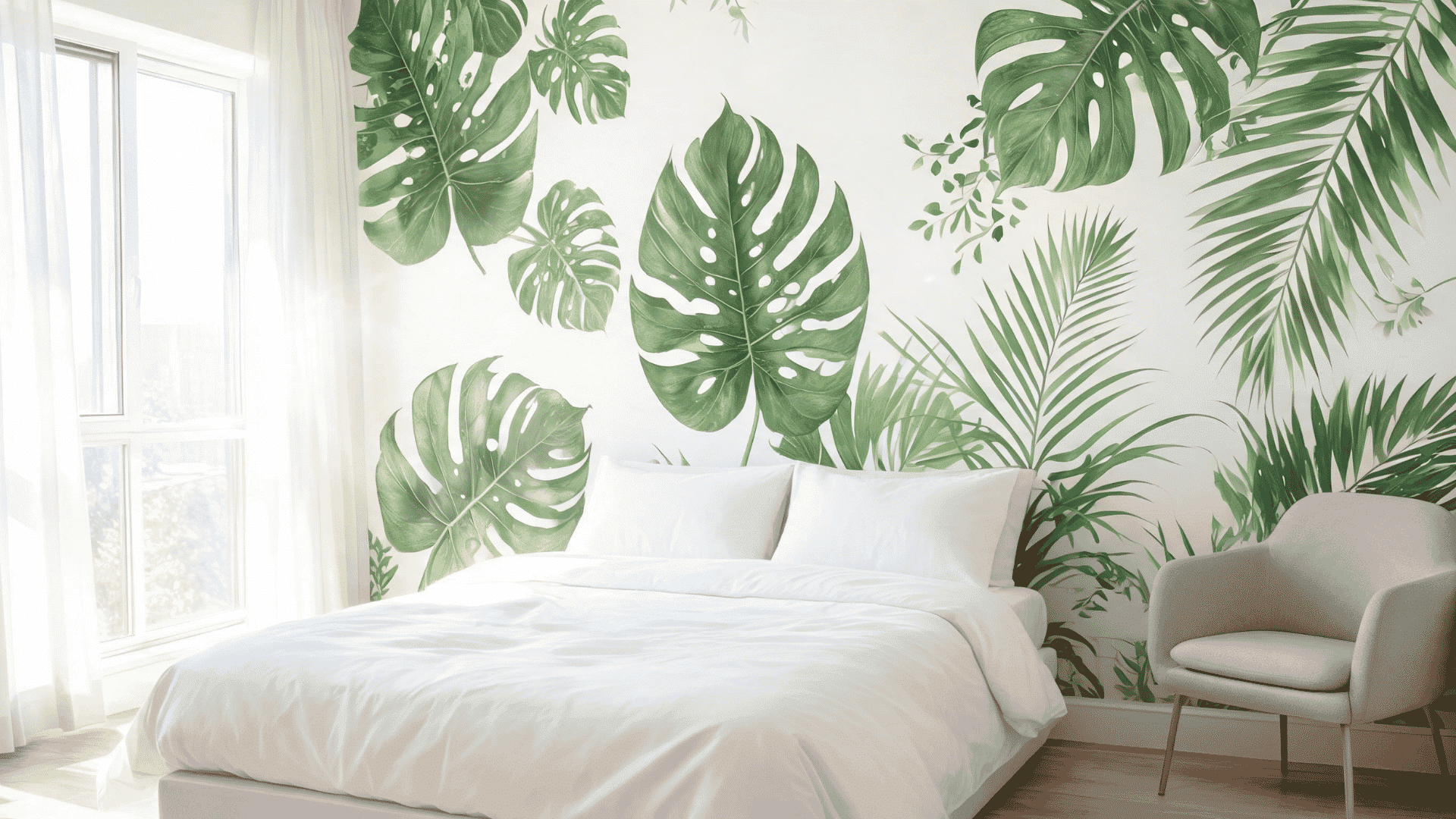 rental bedroom with large removable botanical leaf wall decals on a white wall above a bed with neutral bedding
