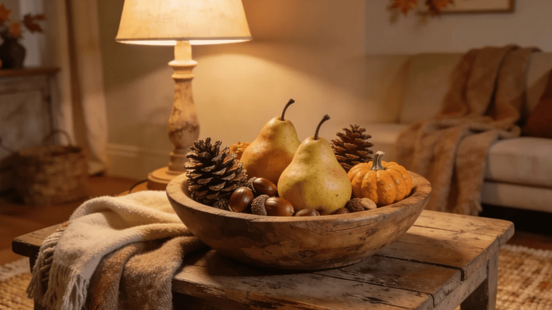 rustic fall centerpiece with pears pinecones pumpkin and cozy candlelit living room decor