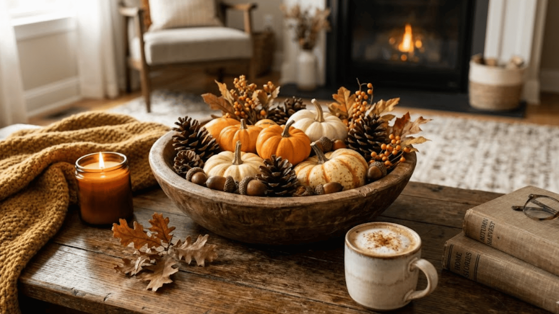 rustic fall coffee table with mini pumpkins pinecones candle and cozy autumn living room accents