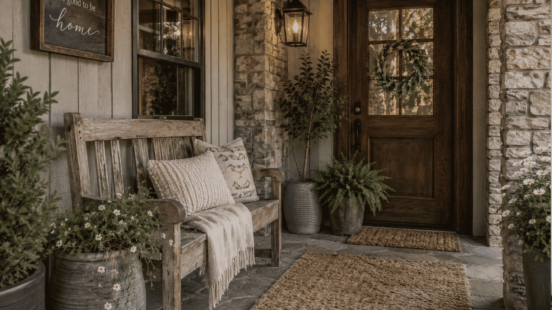rustic farmhouse porch with weathered wooden bench stone walls soft cushions and warm lantern lighting