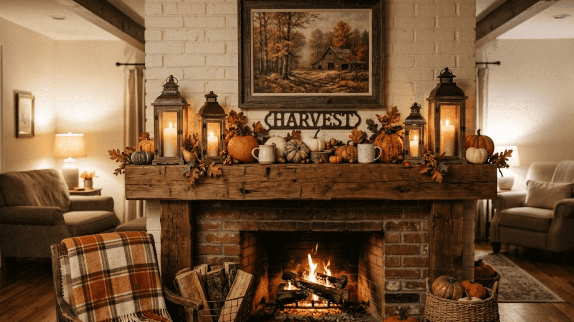 rustic fireplace mantel with lanterns pumpkins candles and cozy harvest themed autumn living room decor