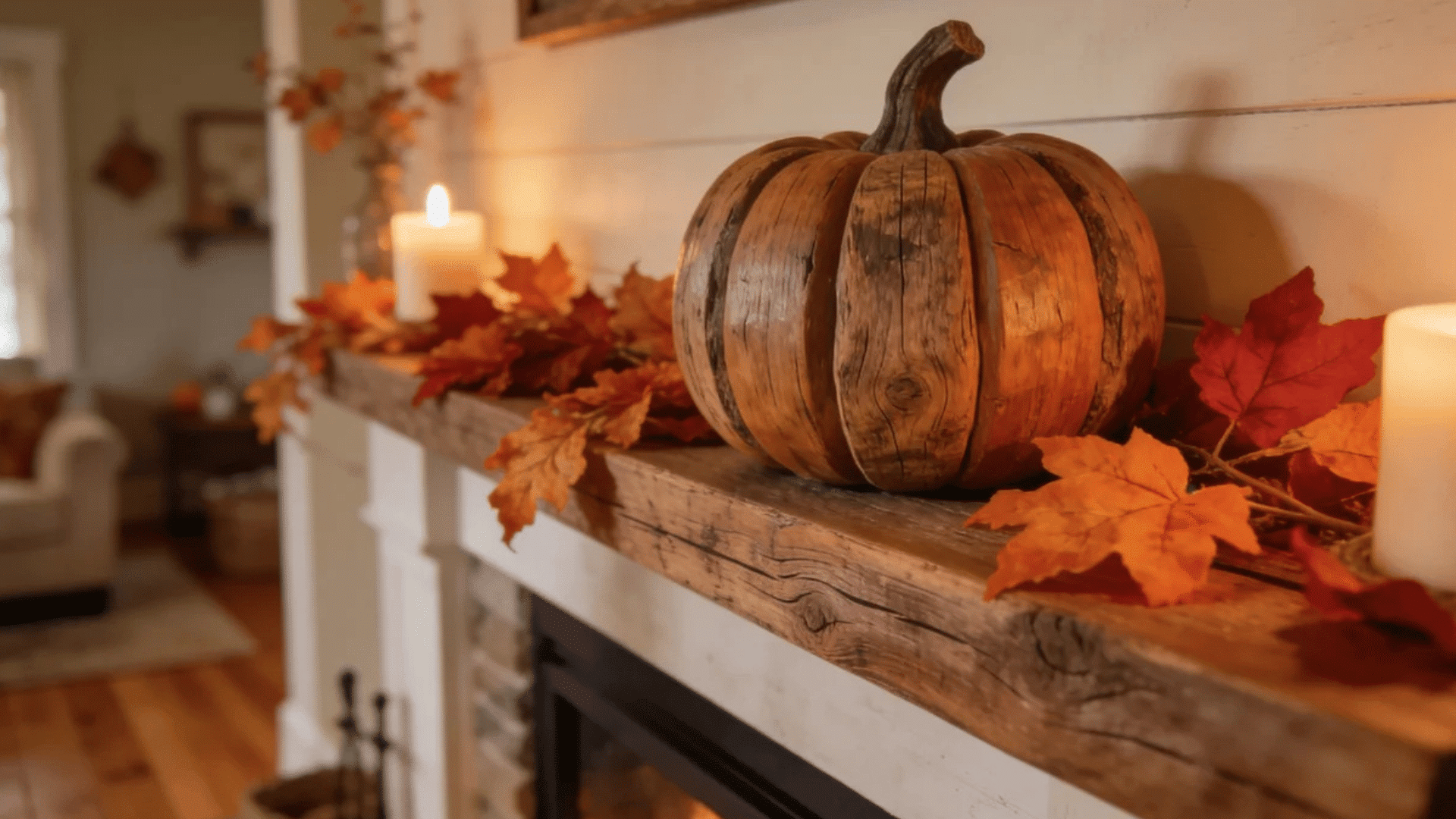 rustic fireplace mantel with wooden pumpkin candles and colorful autumn leaves decor accents