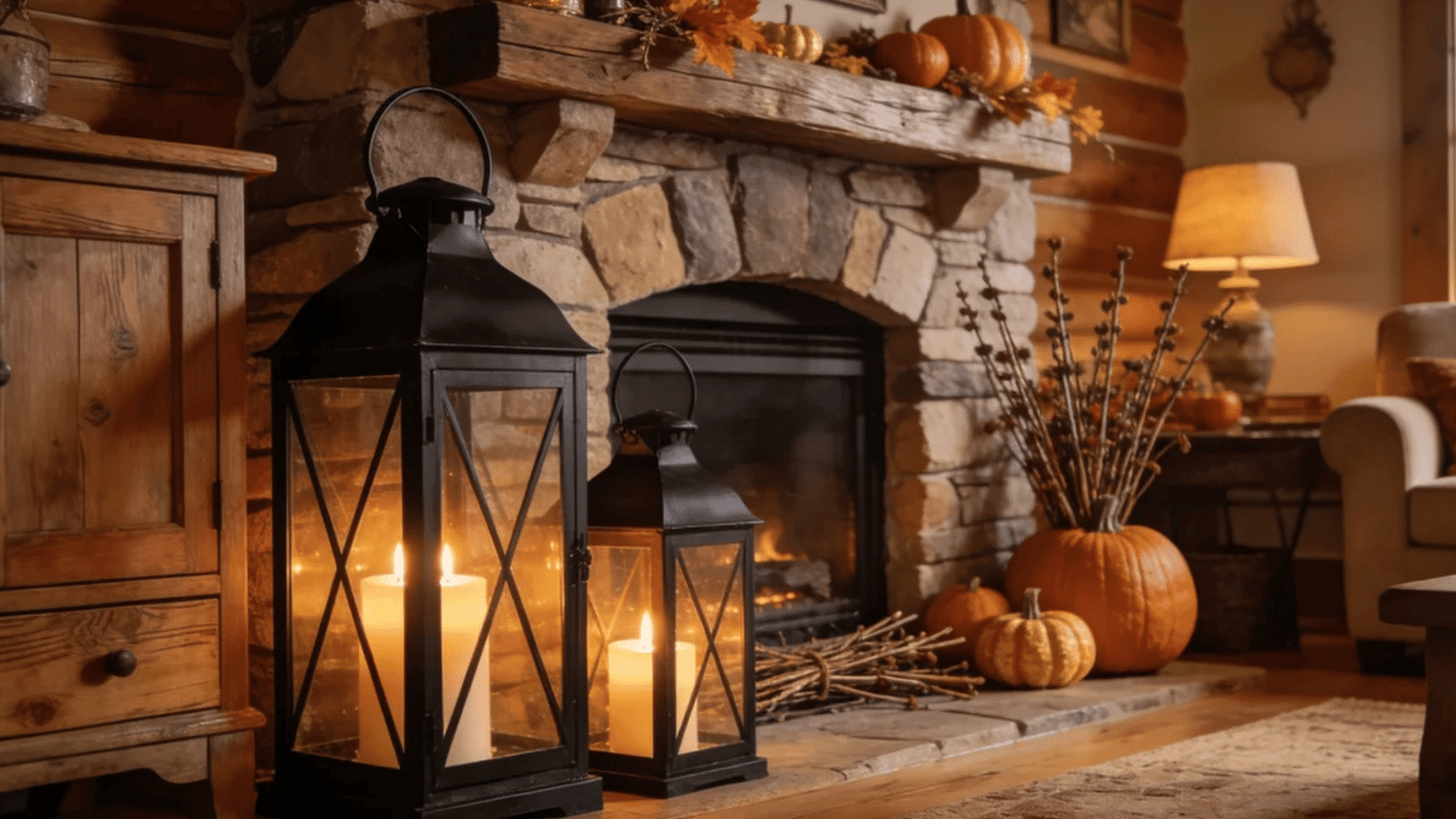 rustic living room with lantern candles stone fireplace pumpkins and warm cozy autumn decor accents