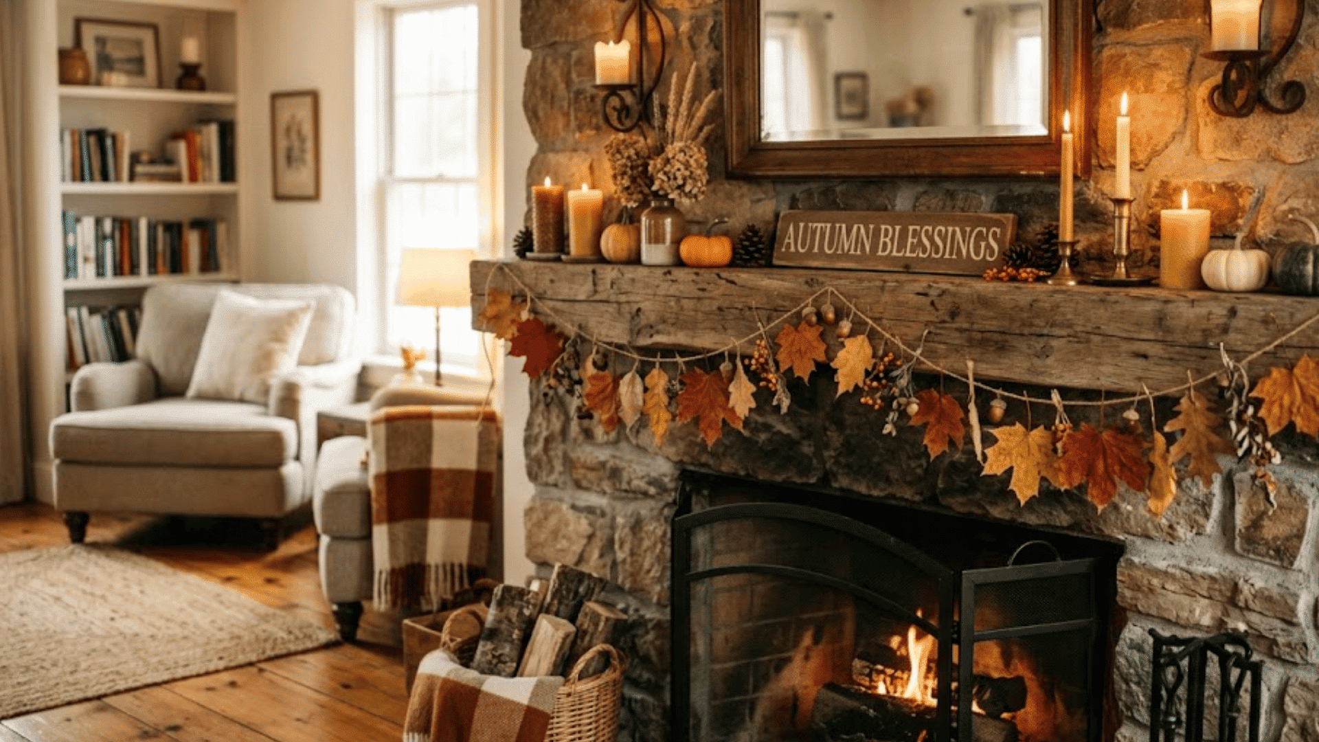 rustic stone fireplace with autumn leaf garland candles pumpkins and cozy fall mantel decor accents