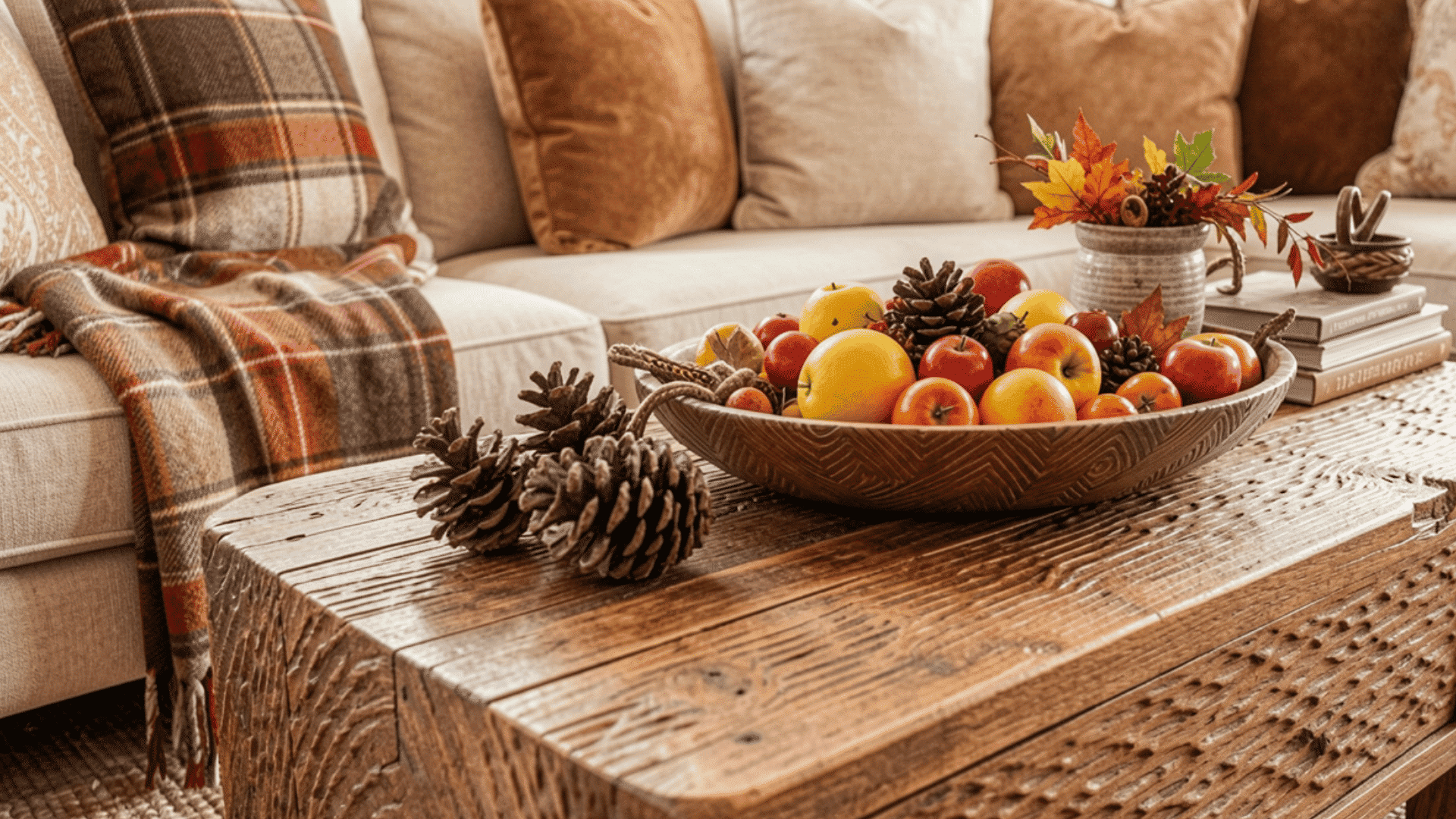 rustic wooden coffee table with autumn fruit pinecones plaid blanket and cozy fall living room decor