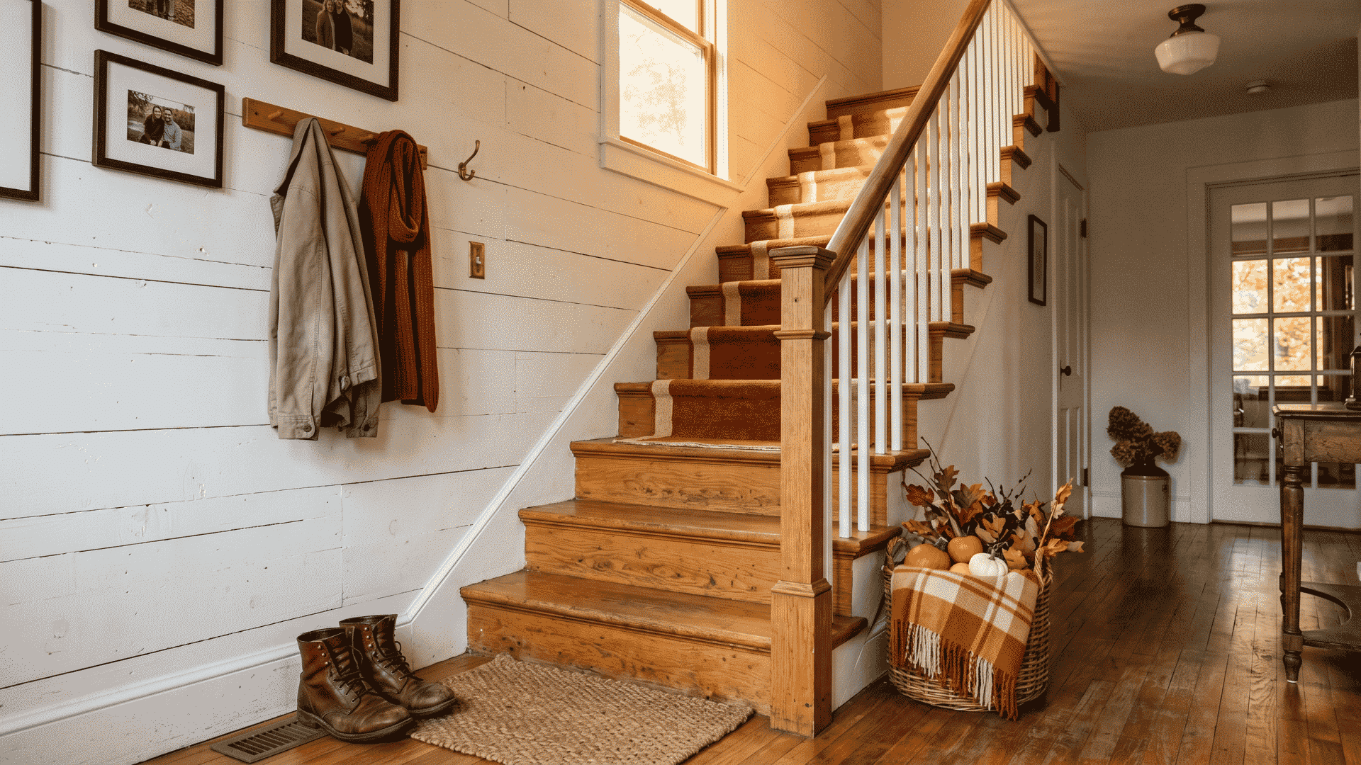 shiplap wood wall along a home staircase