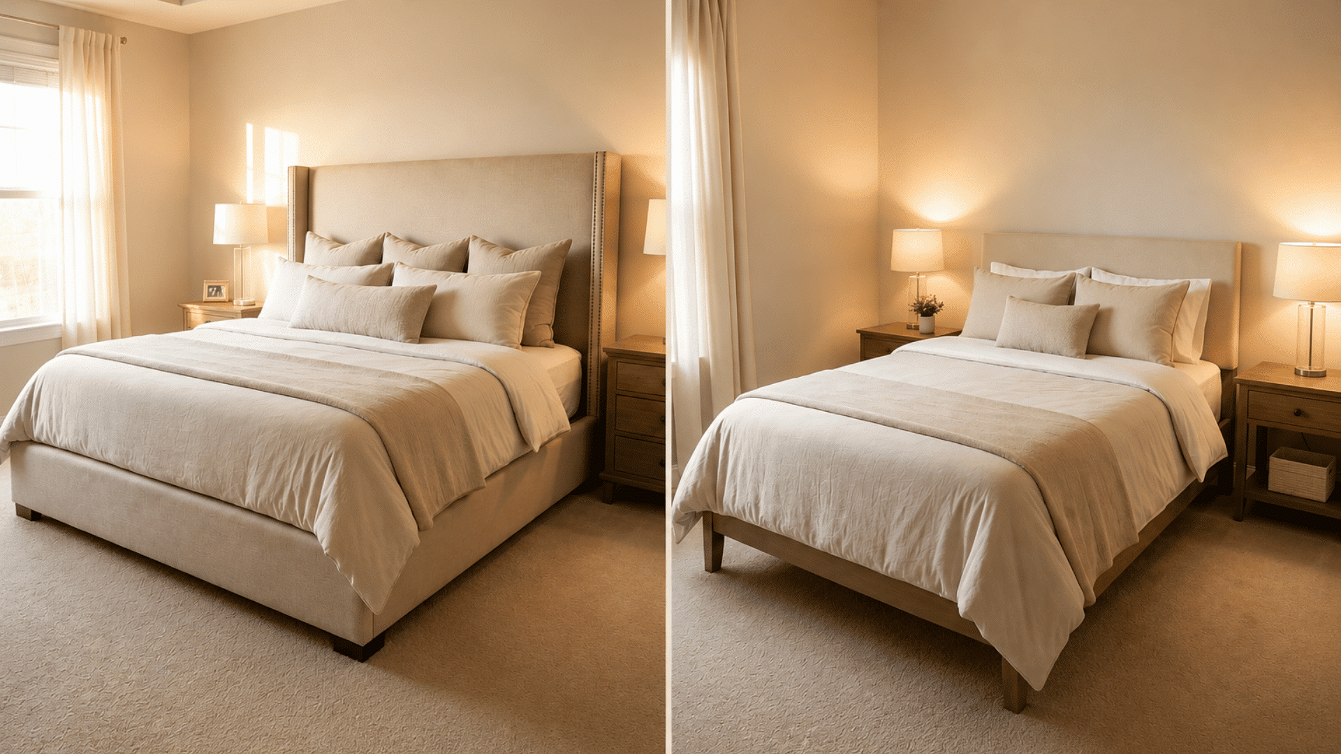 side by side bedroom comparison showing large king bed and smaller queen bed in warm neutral decor