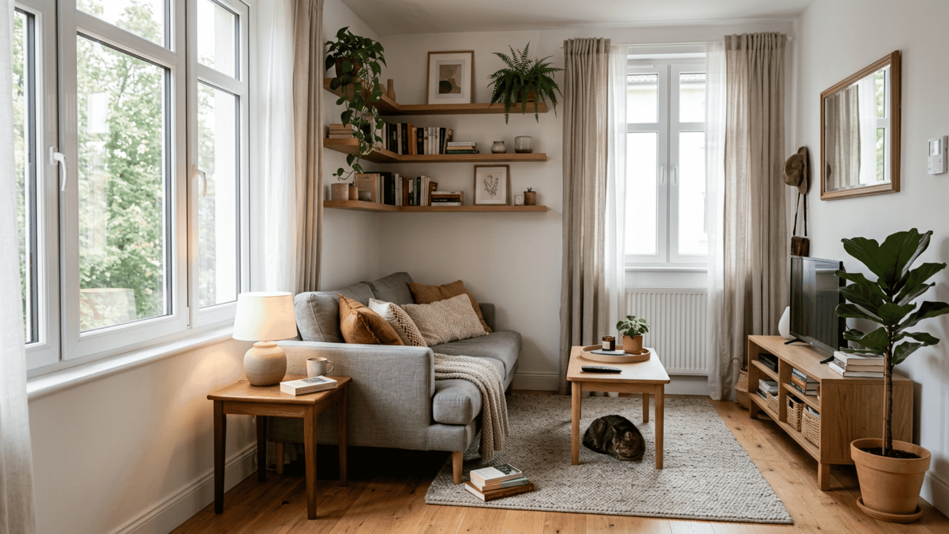 small cozy living room with soft neutral decor indoor plants warm lighting and a sleeping cat on the rug