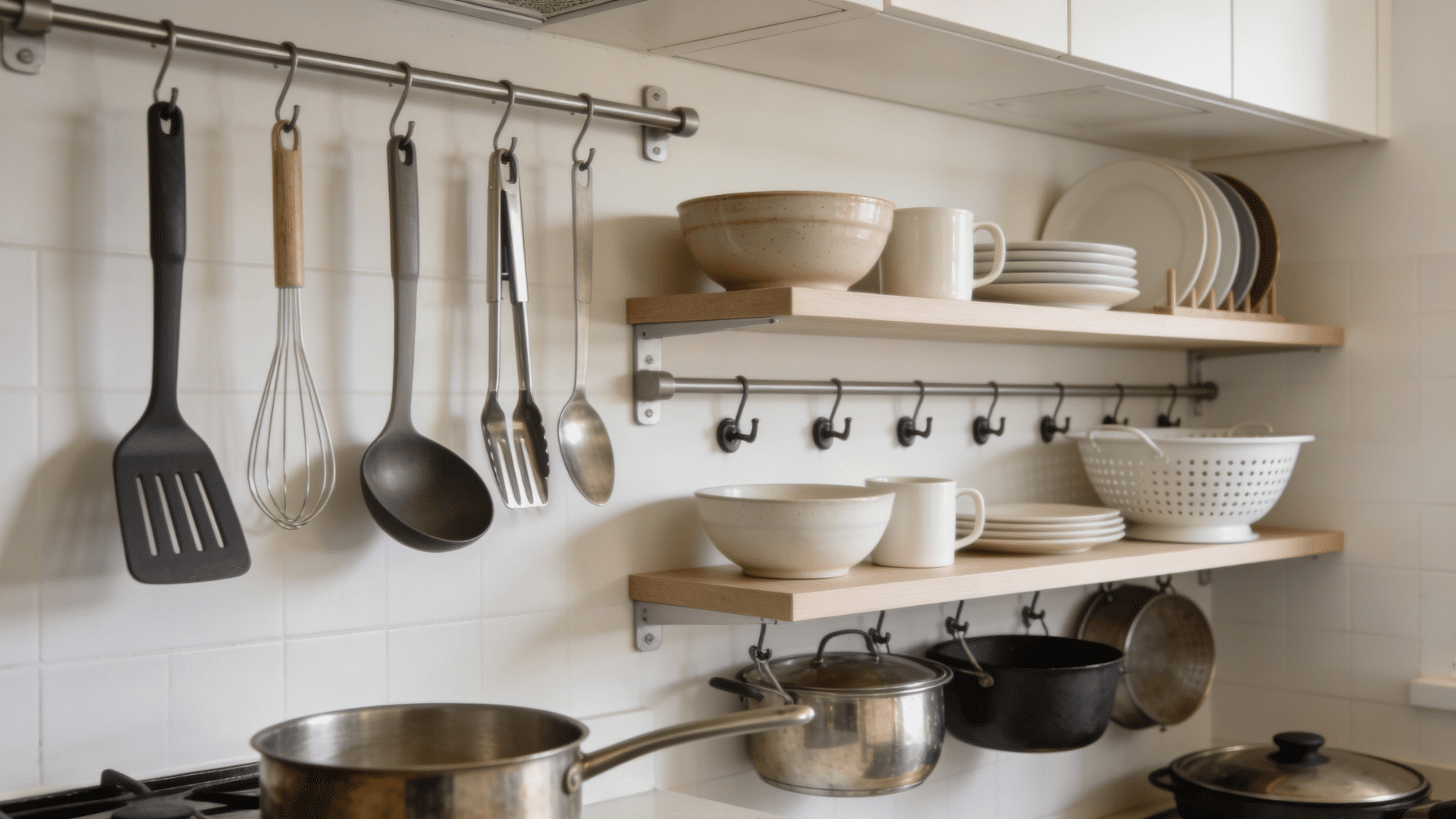 small kitchen with wall storage hooks floating shelves and vertical organization for daily essentials