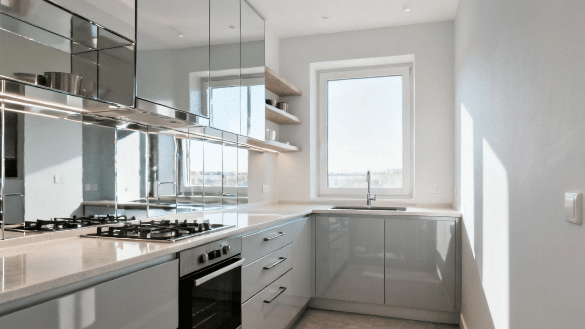 small renovated kitchen using light colors reflective surfaces and uncluttered storage for spacious feel