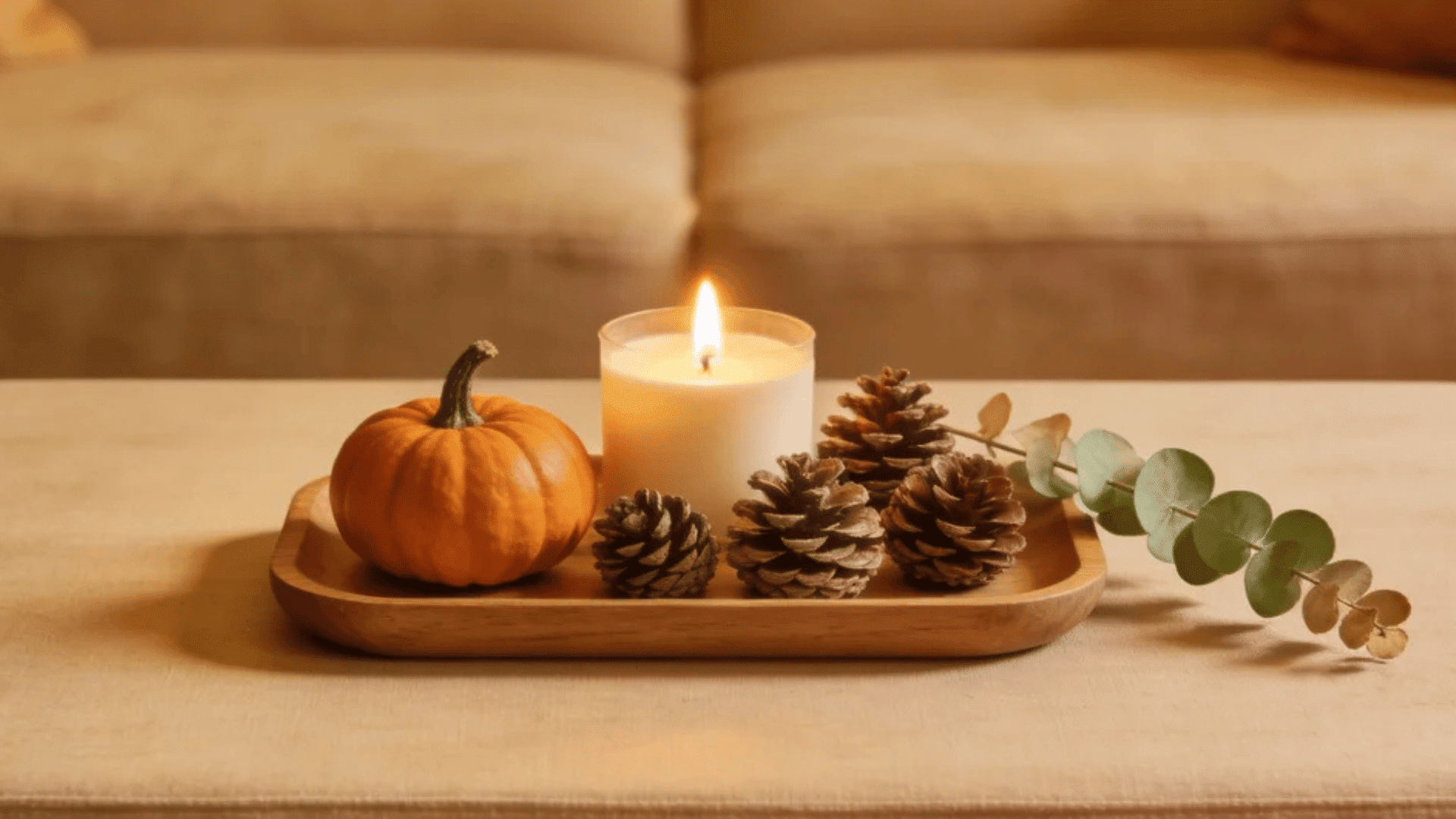 small pumpkin and candle with pinecones arranged on wooden tray atop cozy living room table