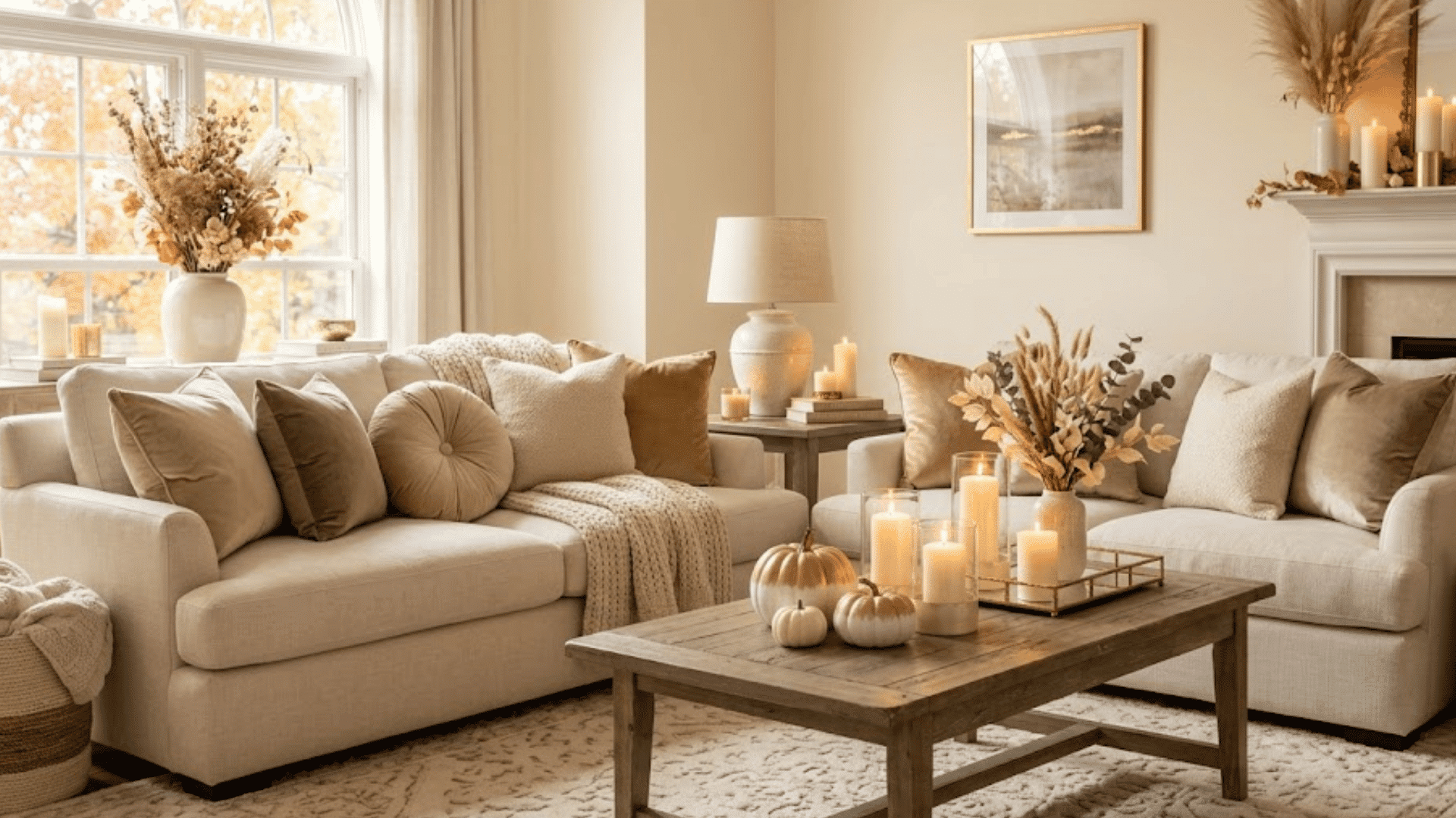 soft cream living room with velvet pillows glowing candles and elegant neutral autumn decor accents