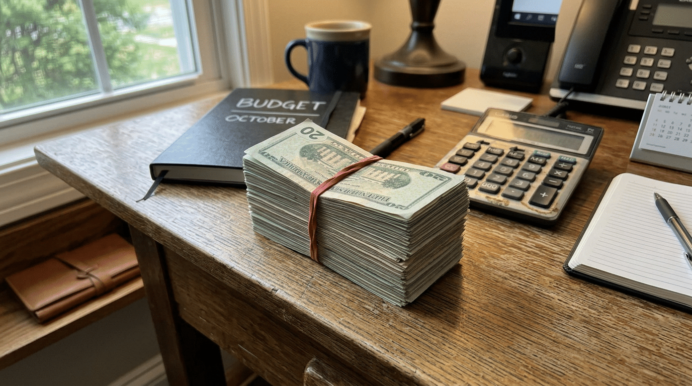 stack of cash on desk with calculator notebook and office supplies