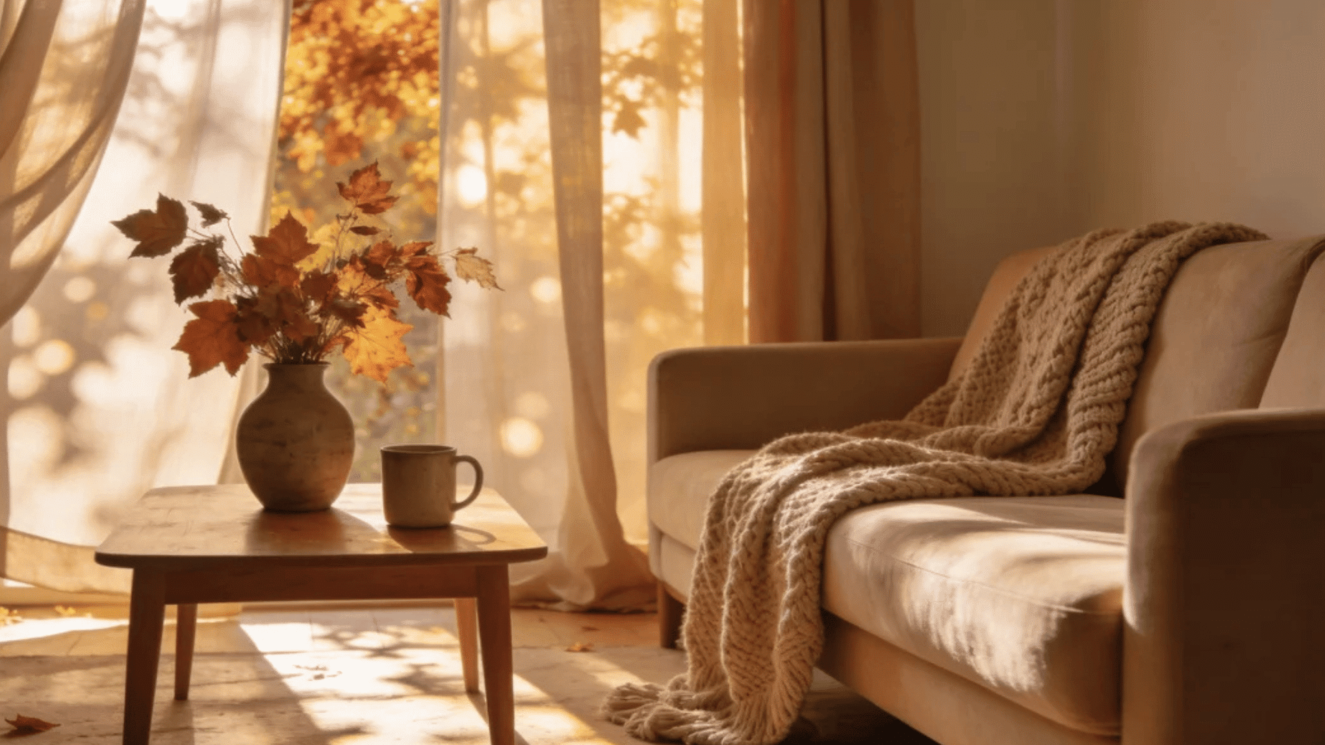 sunlit living room with cozy sofa knitted blanket and autumn leaves beside wooden coffee table