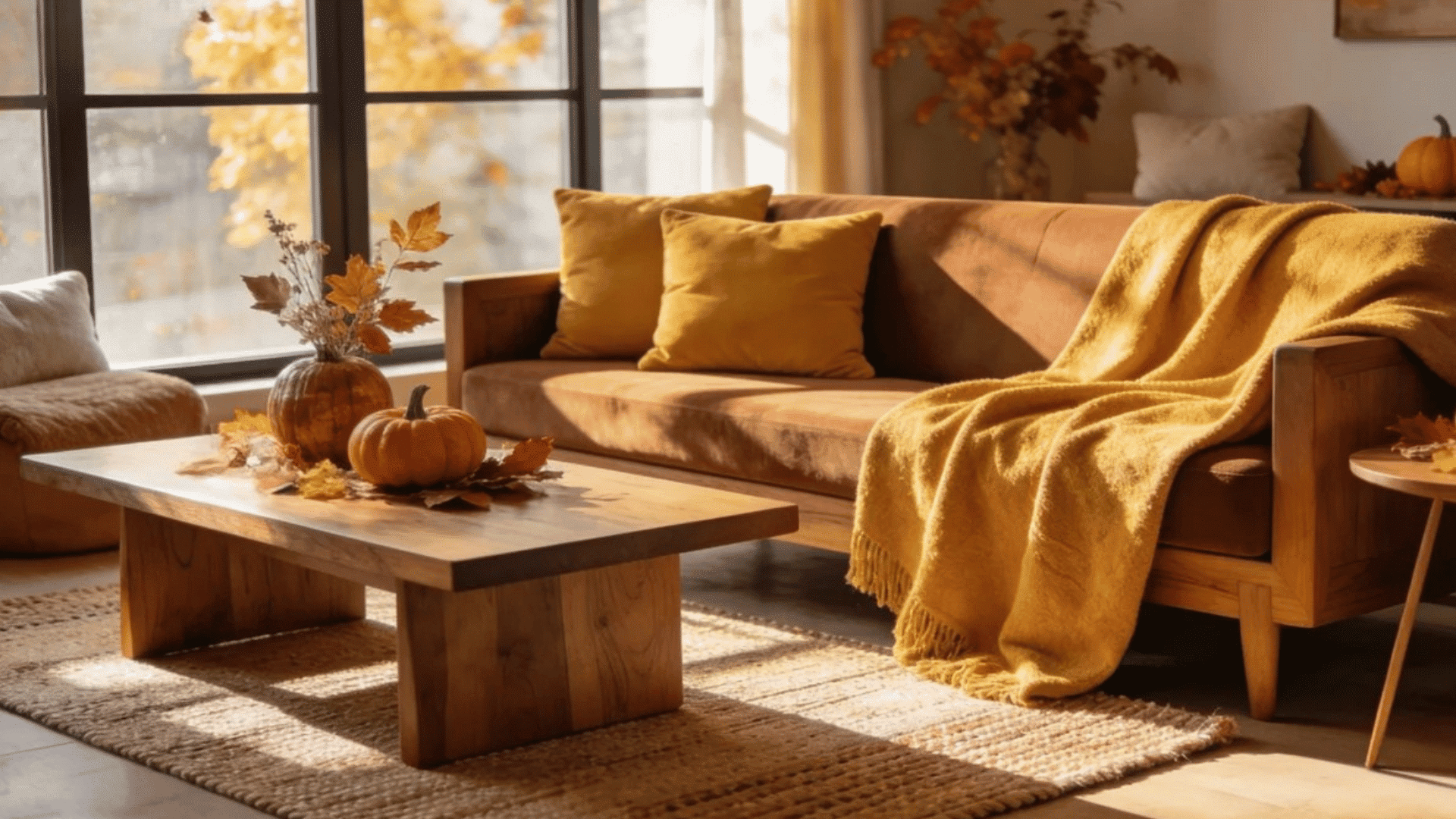 sunlit living room with mustard throw autumn leaves pumpkins and warm cozy fall decor accents