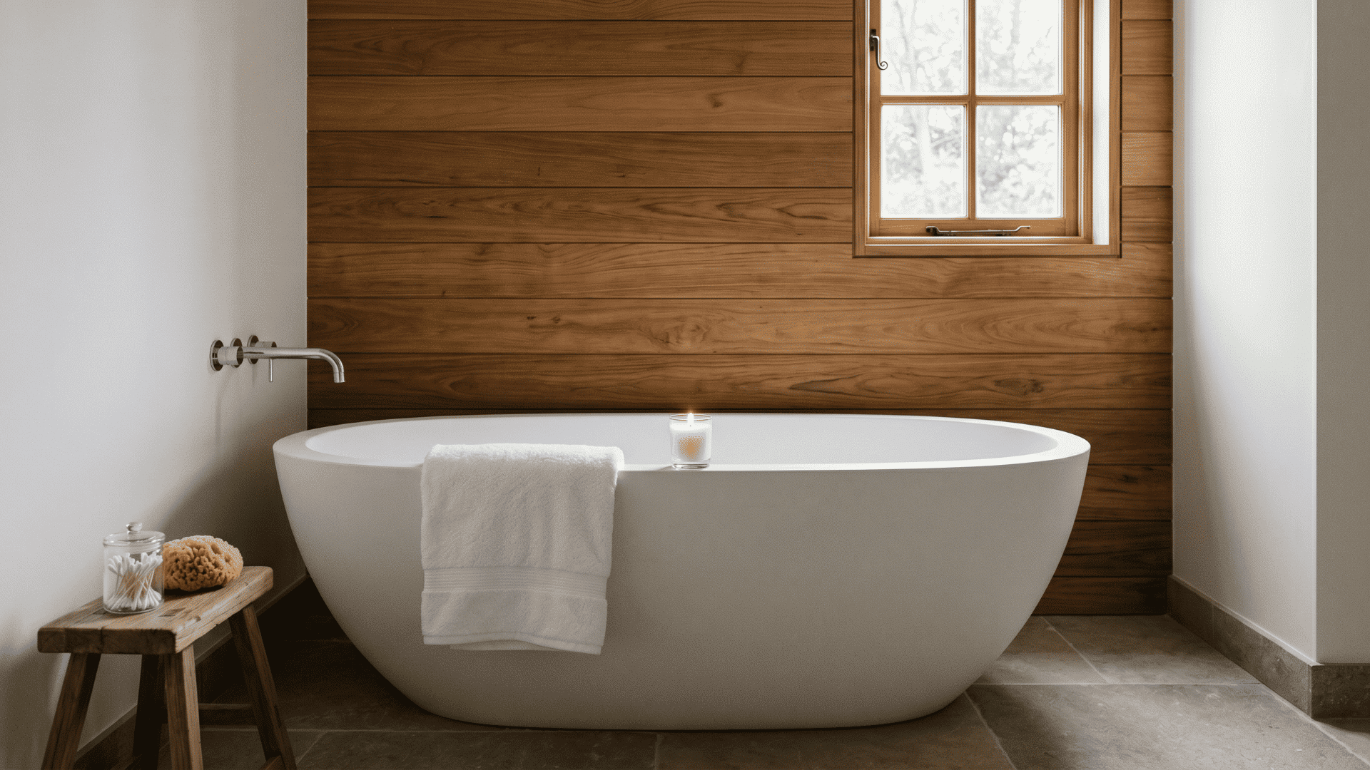teak wood wall behind freestanding tub in a bathroom